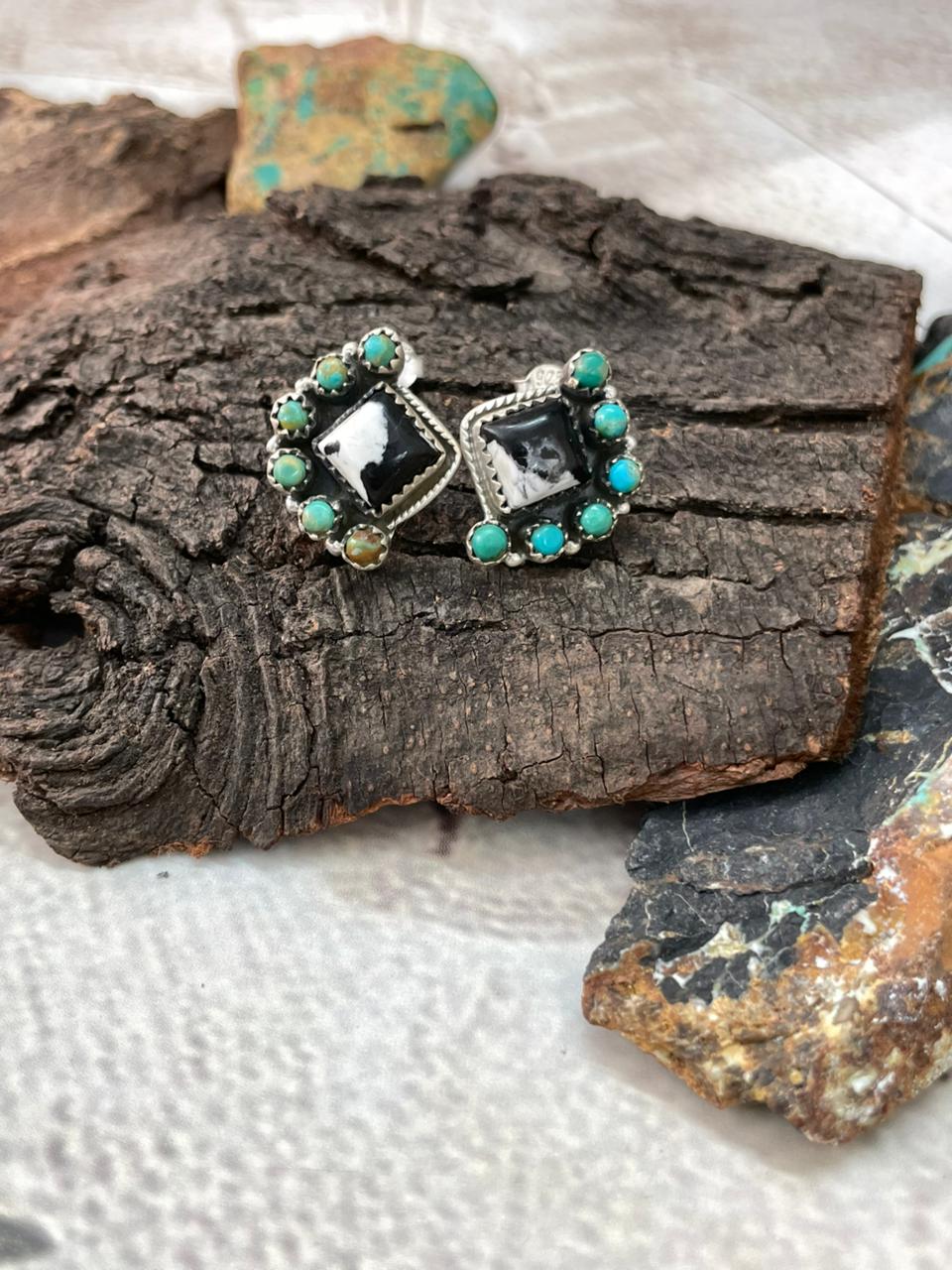 Handmade Sterling Silver White Buffalo with Kingman Turquoise Studs Post Earrings "Signed Nizhoni"