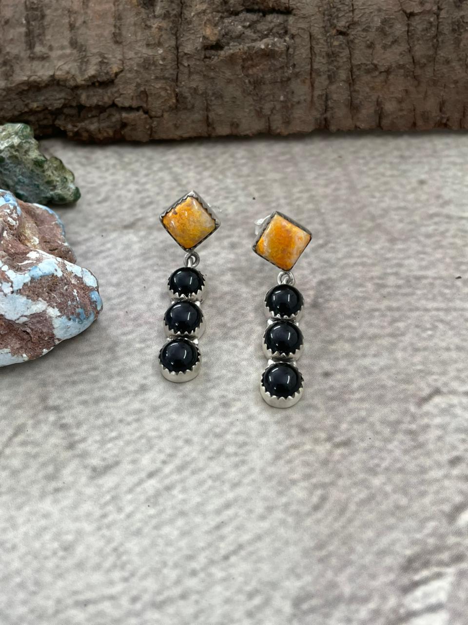 Handmade Sterling Silver Bumblebee with Black Onyx Post Dangle Earrings with Signed Nizhoni