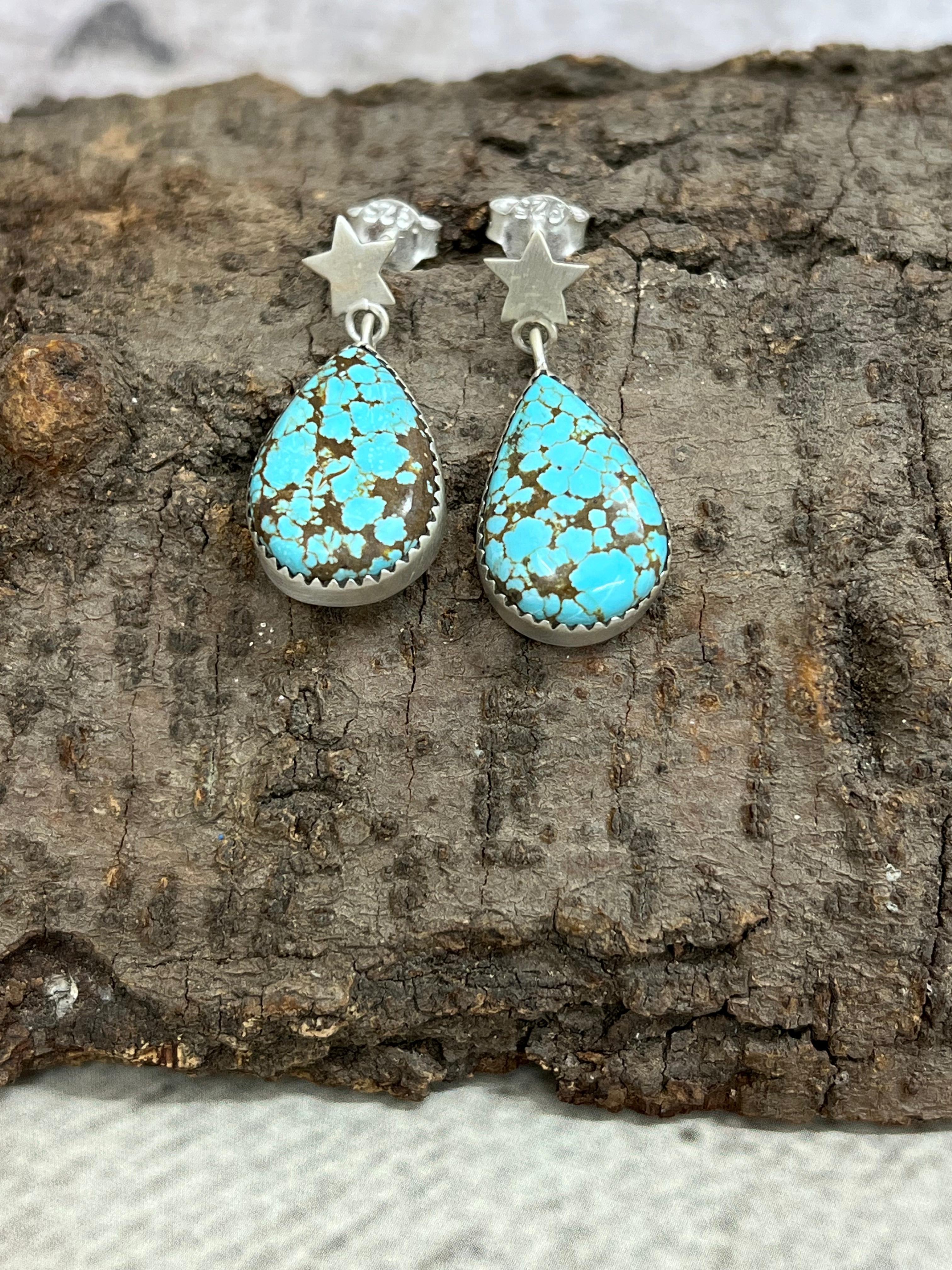 Handmade Sterling Silver Number 8 Turquoise Dangle Earrings with Signed Nizhoni (8)