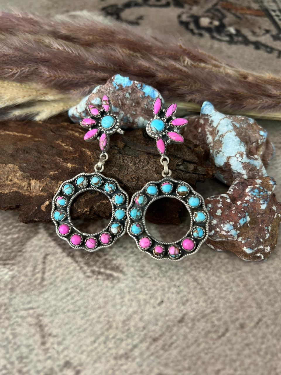 Handmade Sterling Silver Cotton Candy Post Hoop Dangle Earrings "Signed Nizhoni"