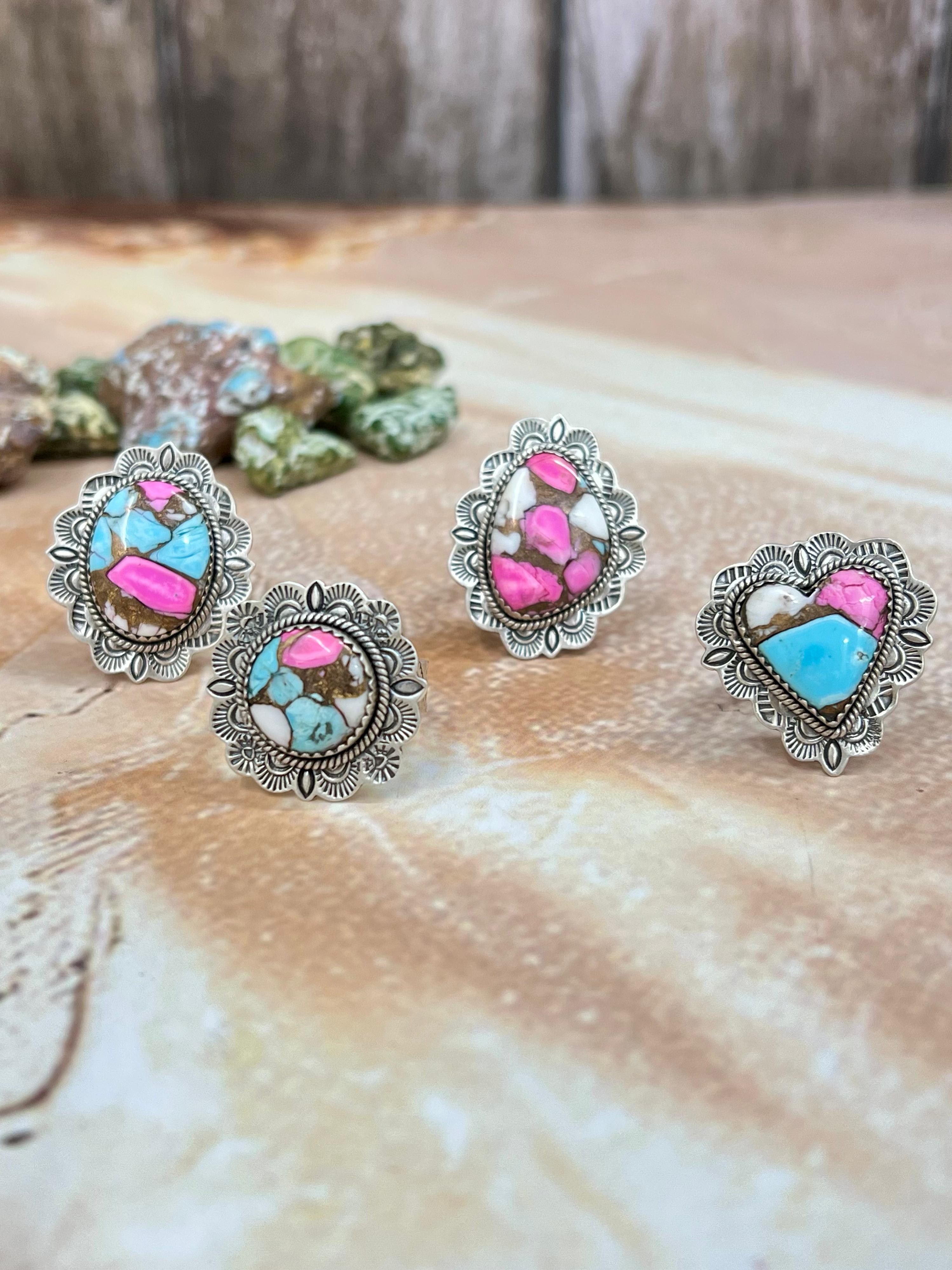 Handmade Sterling Silver Cotton Candy Turquoise Adjustable Ring, Signed Nizhoni