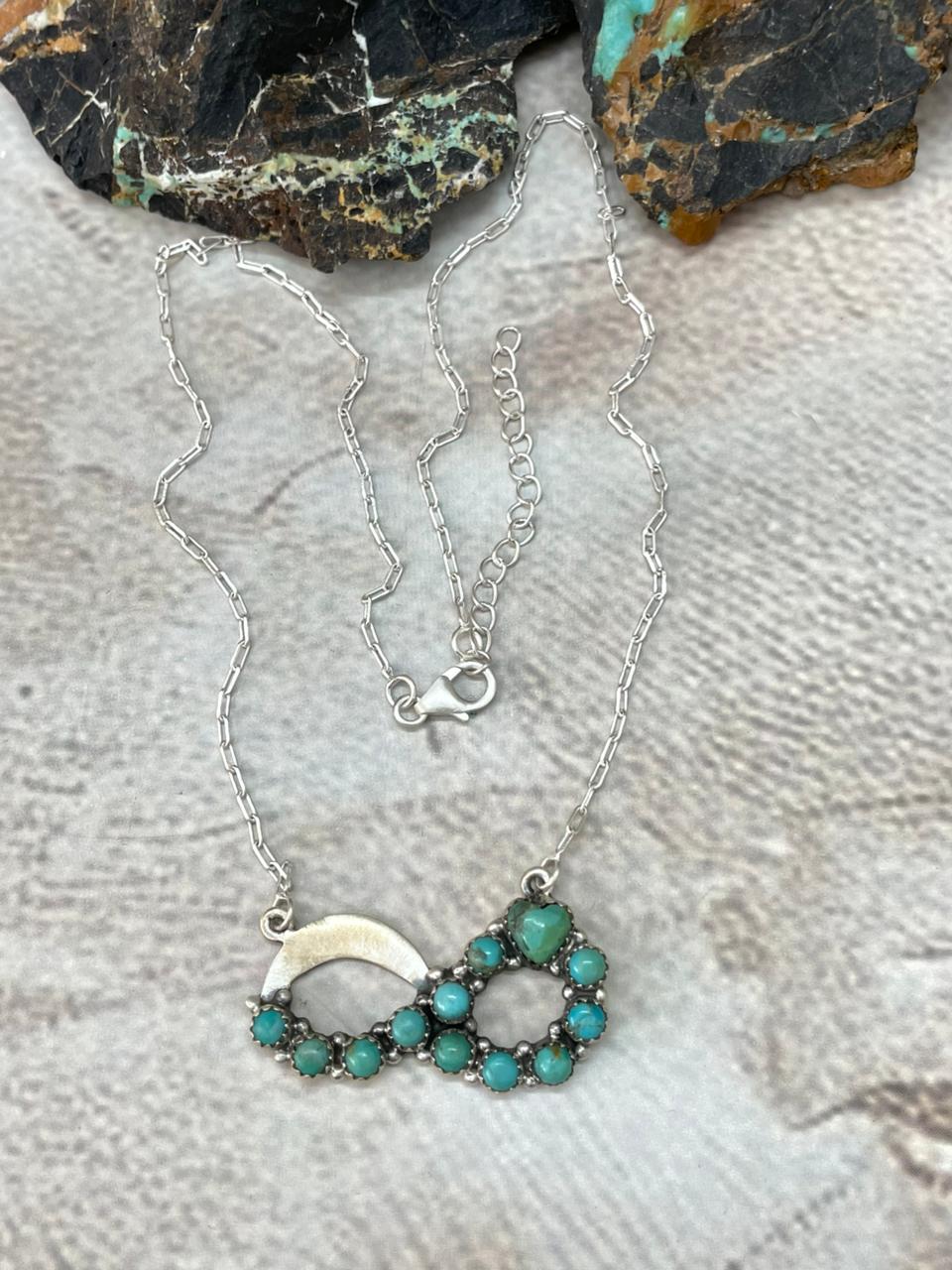 Handmade Sterling Silver Kingman Turquoise Infinity Necklace "Signed Nizhoni"