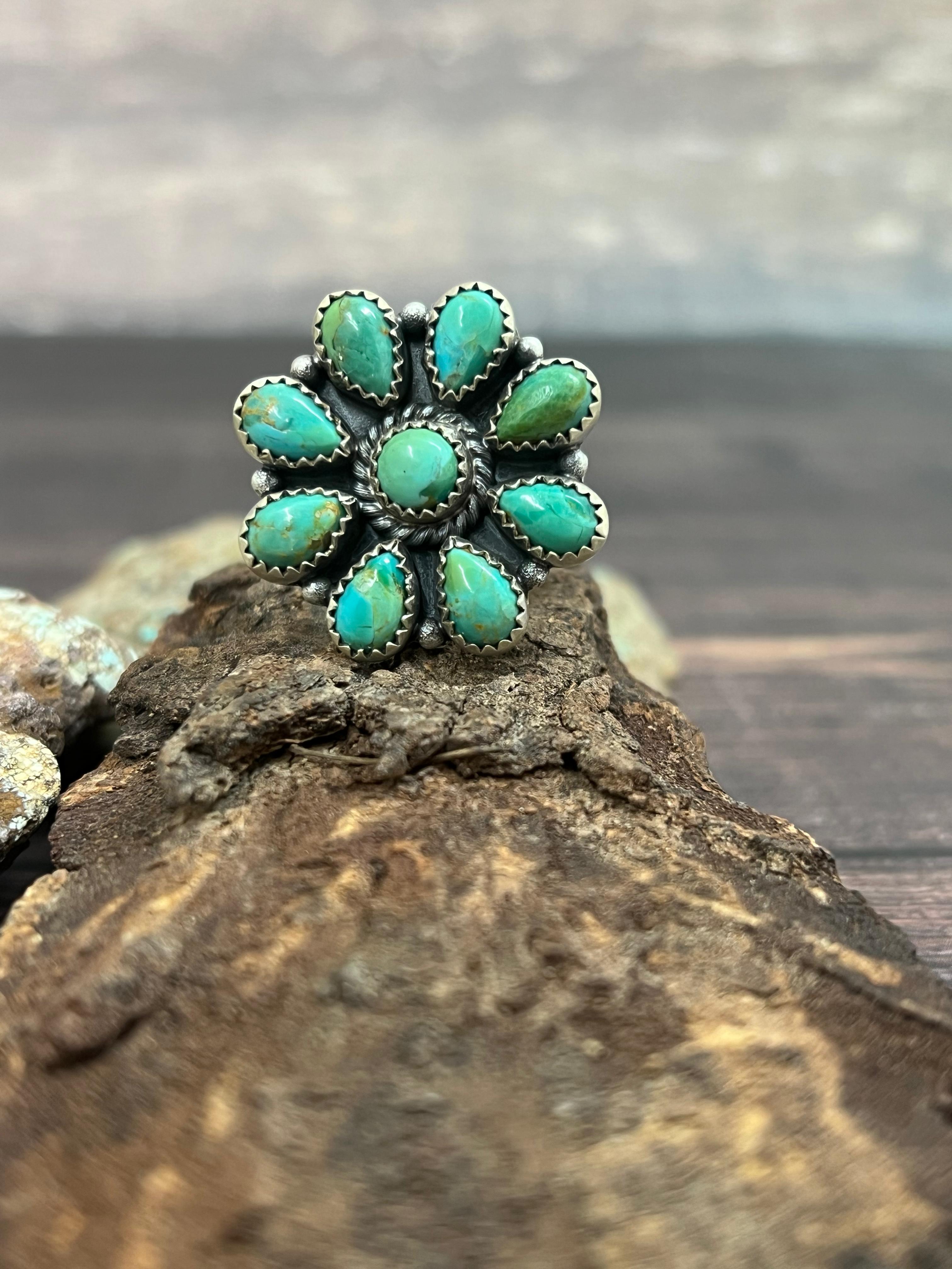 Handmade Sterling Silver Kingman Turquoise Adjustable Ring with Signed Nizhoni