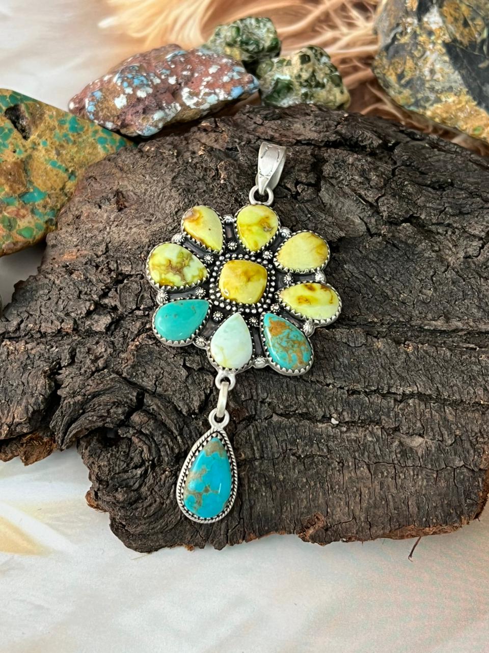 Handmade Sterling Silver Santa Maria Turquoise with Palomino Turquoise Pendant "Signed Nizhoni"