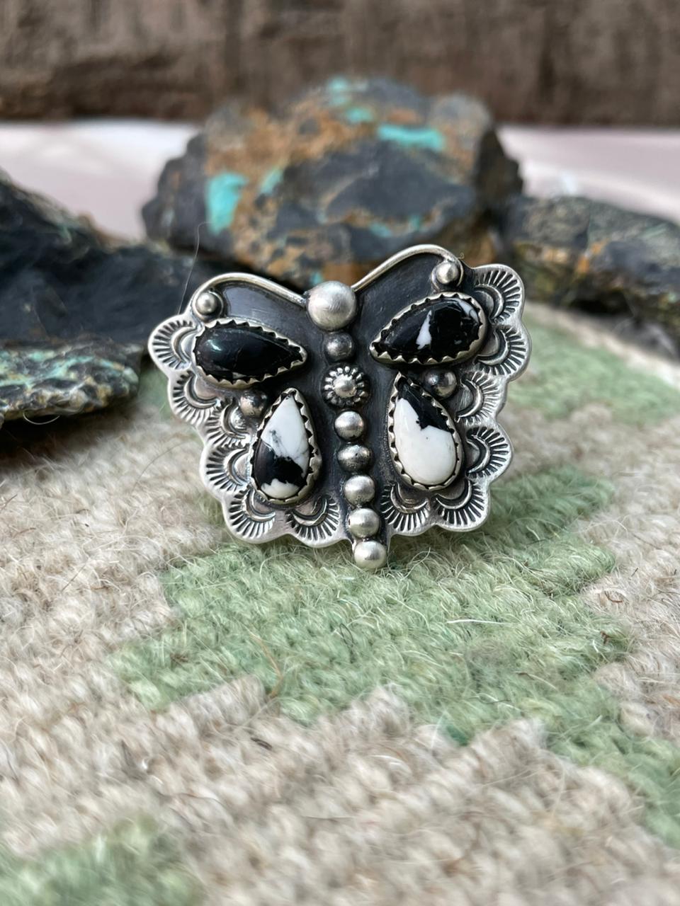 Handmade Sterling Silver White Buffalo Butterfly Adjustable Ring "Signed Nizhoni"