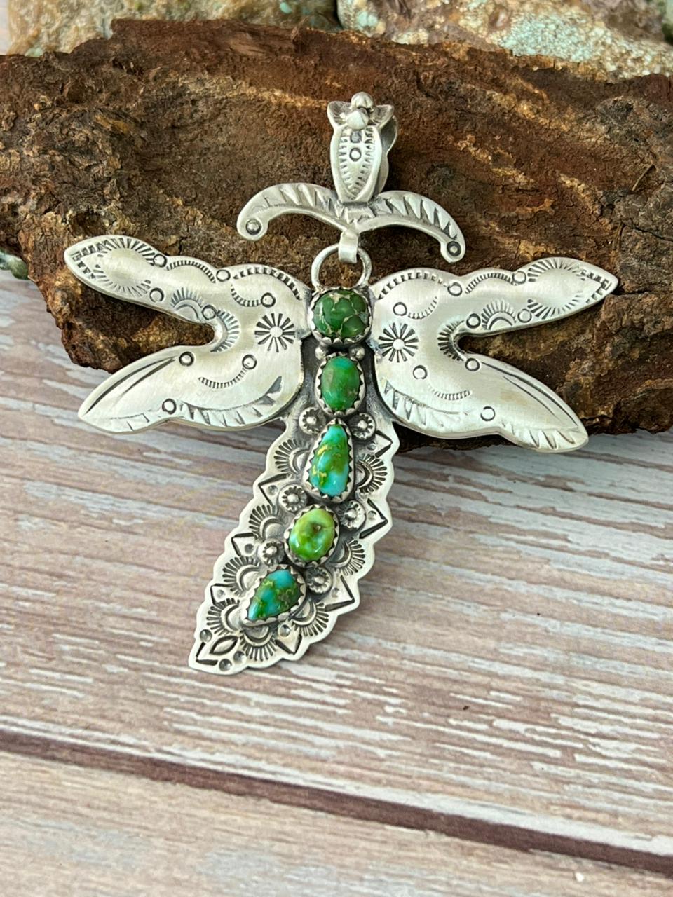 Handmade Sterling Silver Sonoran Mountain Turquoise Butterfly Pendant with Signed Nizhoni