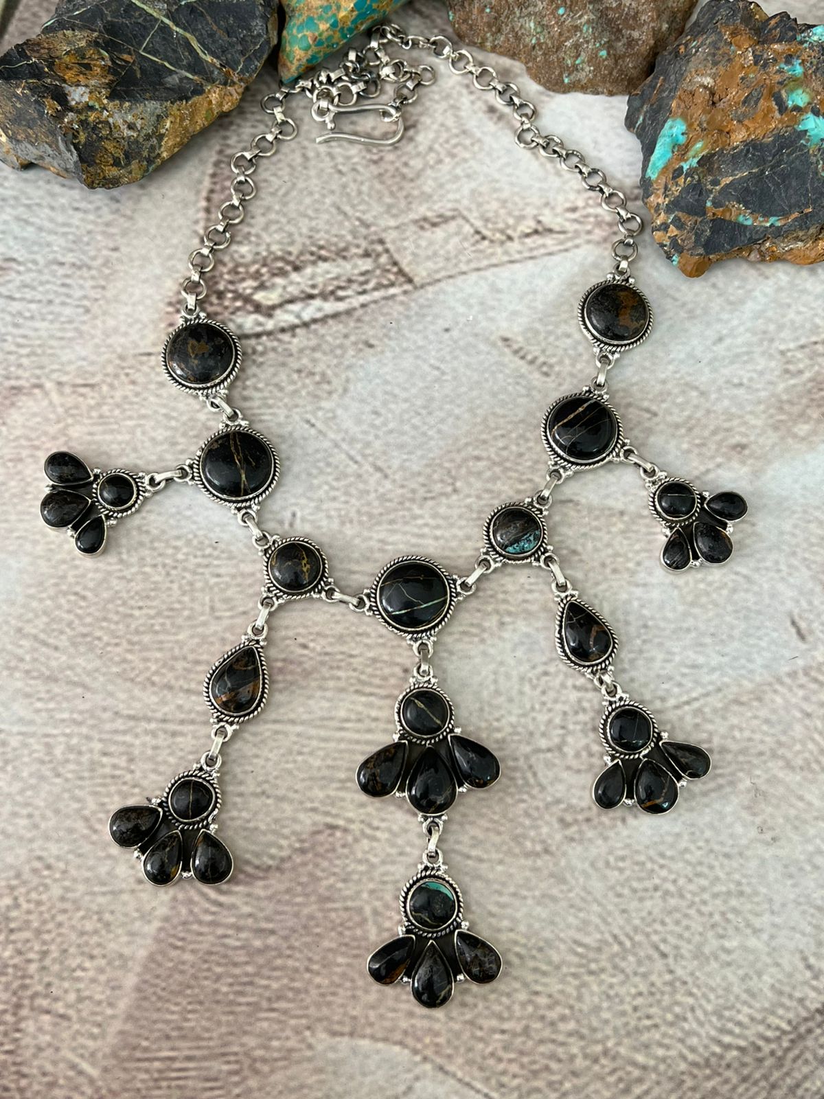 Handmade Sterling Silver Blackjack Turquoise Choker Necklace "Signed Nizhoni"