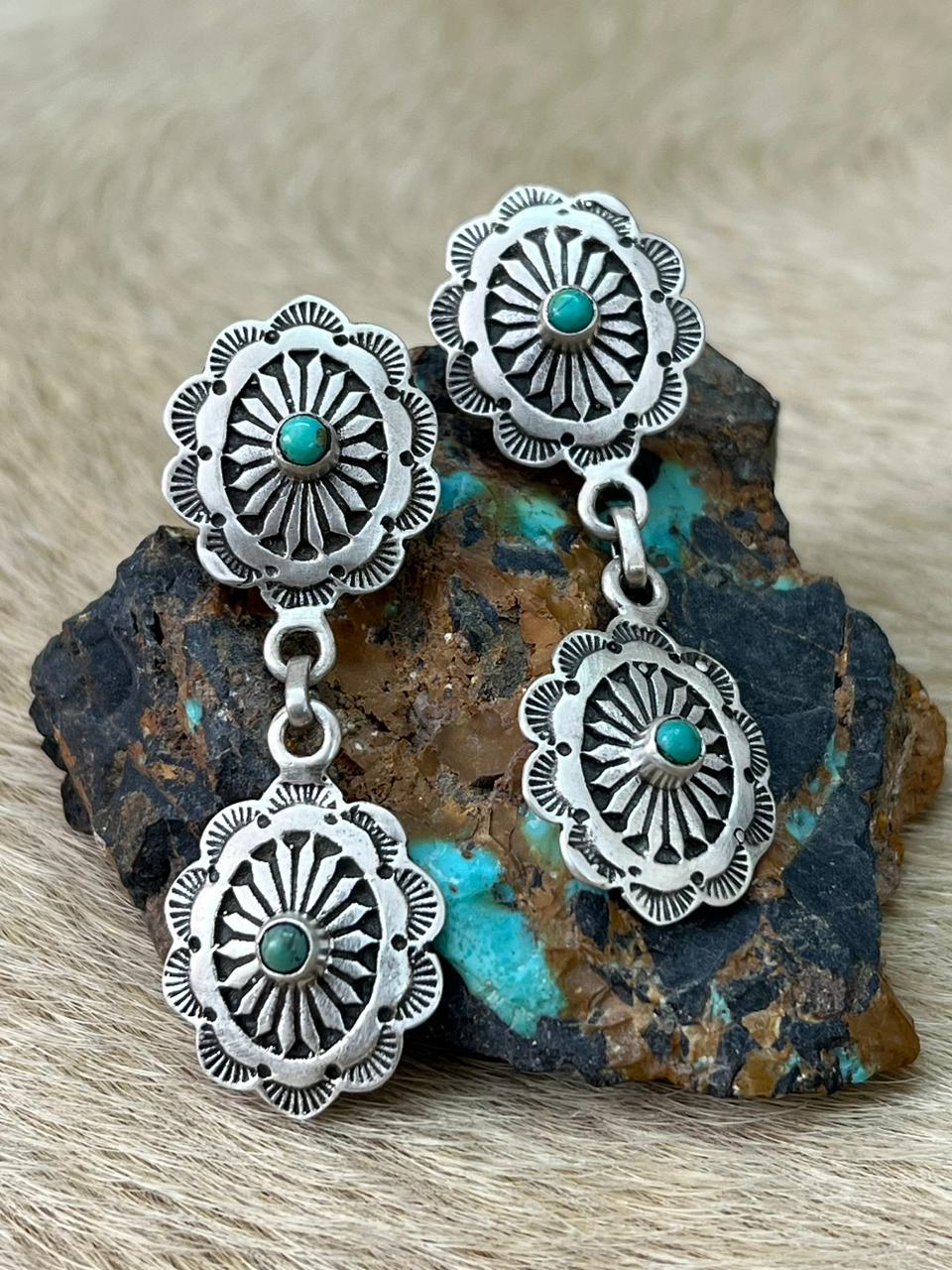 Handmade Sterling Silver Kingman Turquoise Post Dangle Earrings "Signed Nizhoni"