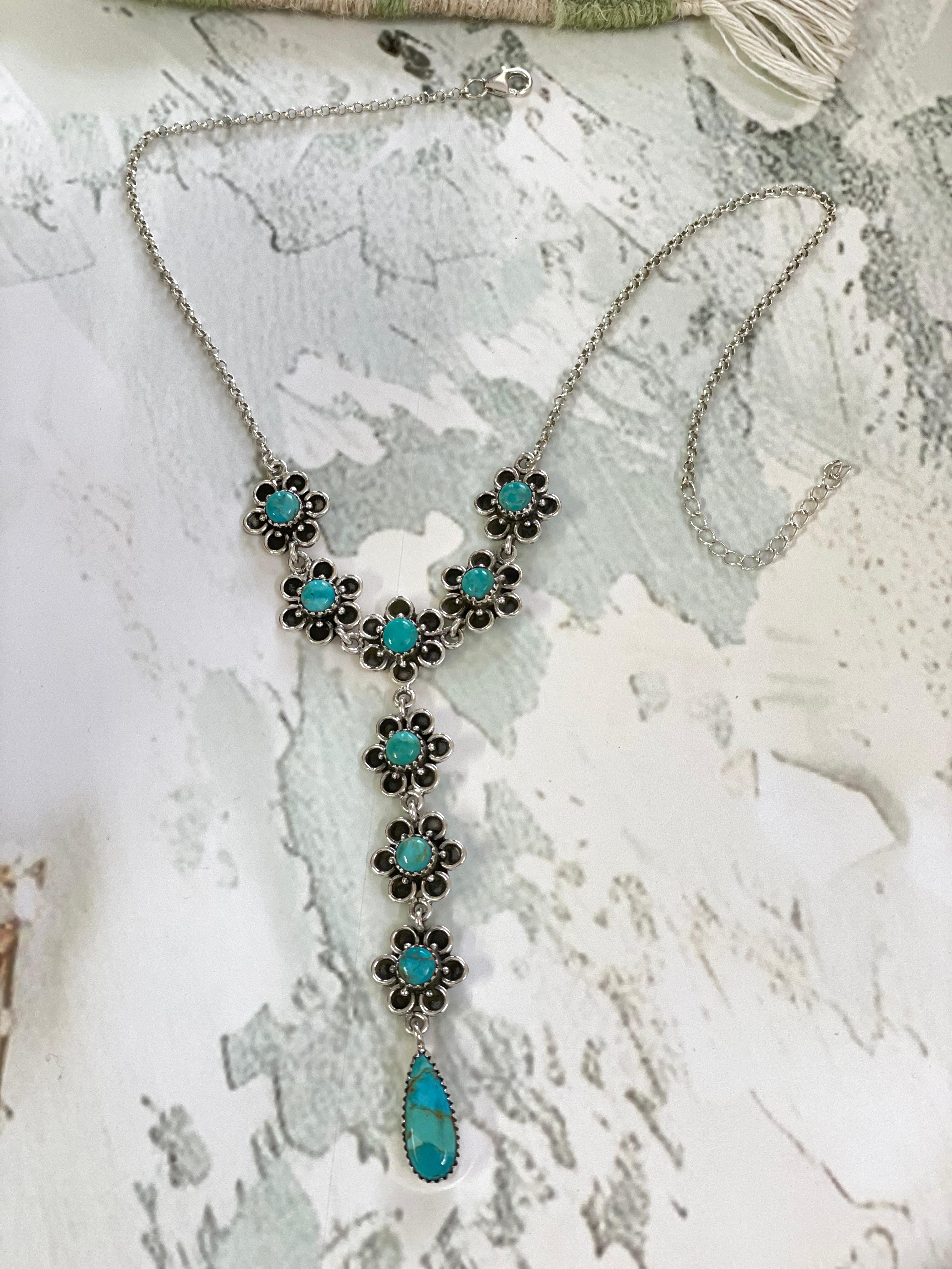 Handmade Sterling Silver Kingman Turquoise Necklace with Signed Nizhoni