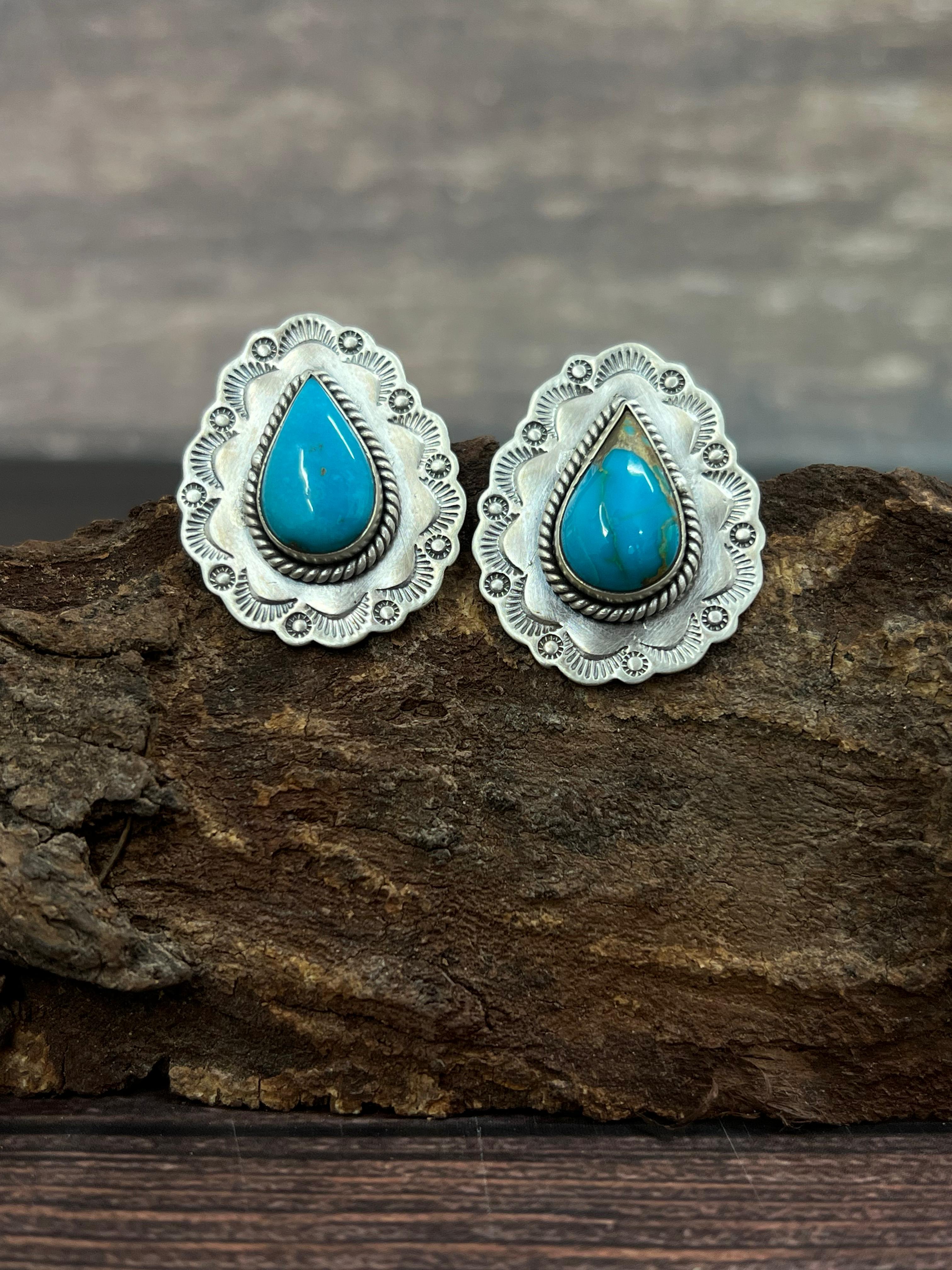 Handmade Sterling Silver South Hill Turquoise Post Studs with Signed Nizhoni