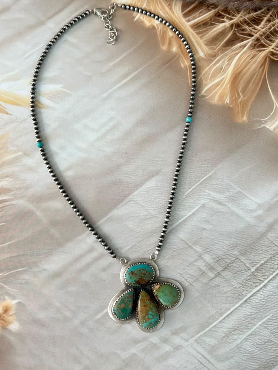 Handmade Sterling Silver Manassa with Kingman Turquoise Beaded Necklace Signed Nizhoni