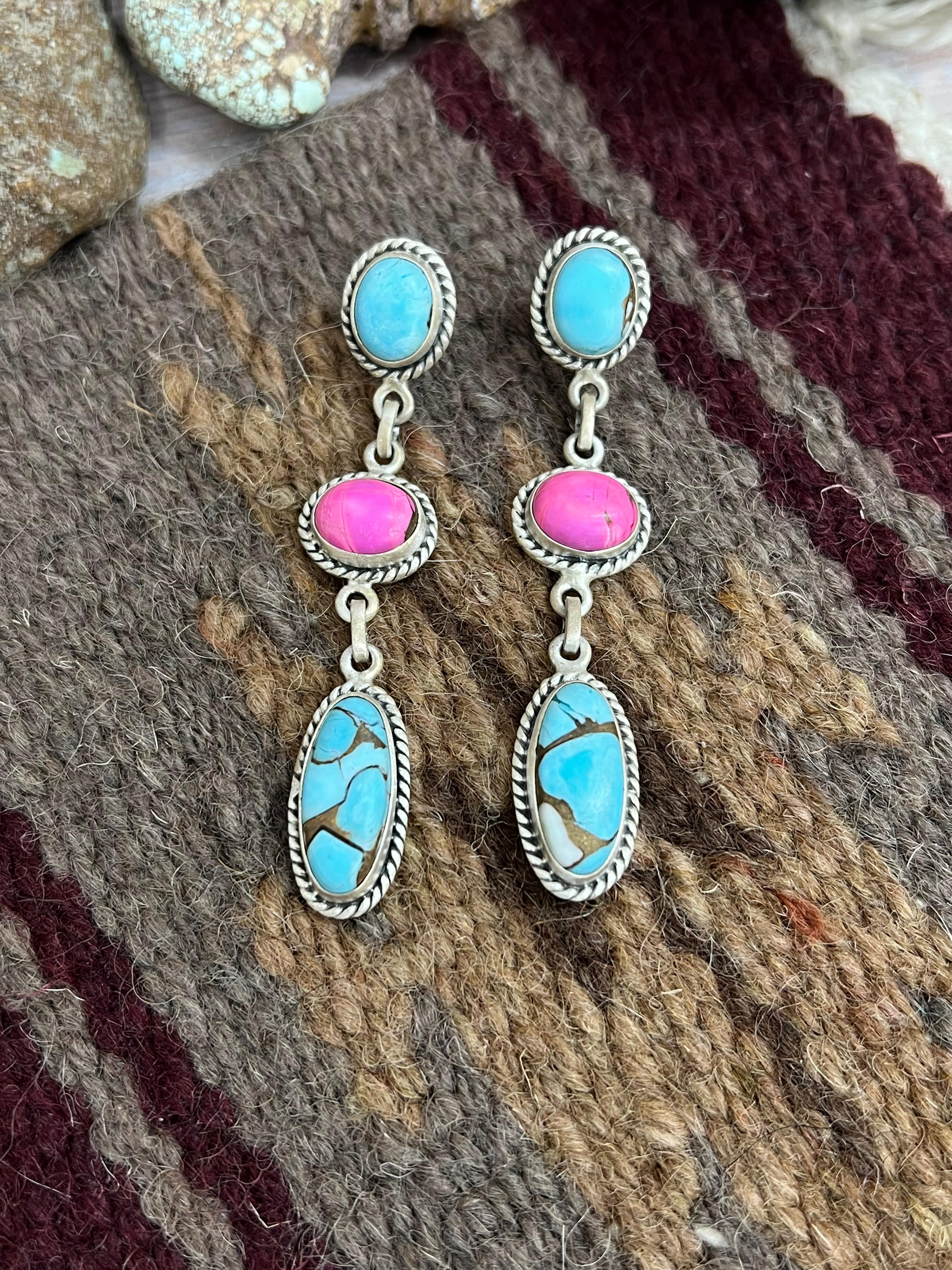 Handmade Sterling Silver Cotton Candy Turquoise Post Dangle Earrings with Signed Nizhoni