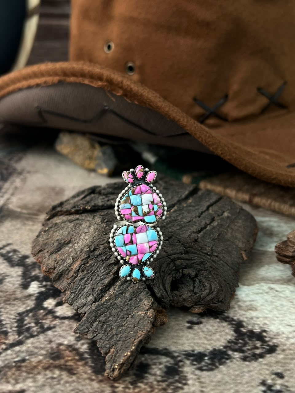 Handmade Sterling Silver Cotton Candy Cobble Stone Adjustable Ring Signed Nizhoni