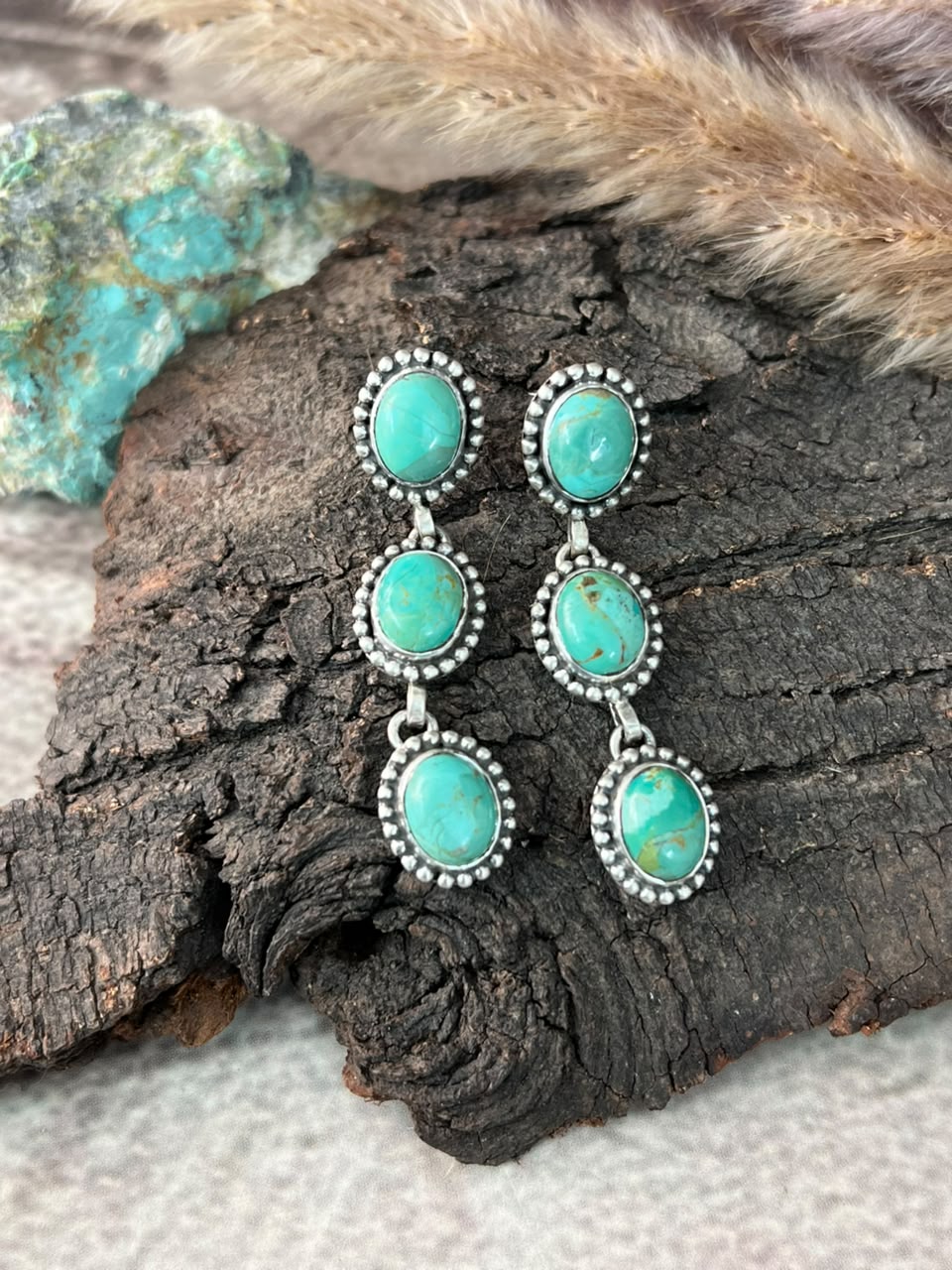 Handmade Sterling Silver Kingman Turquoise Post Dangle Earrings Signed Nizhoni