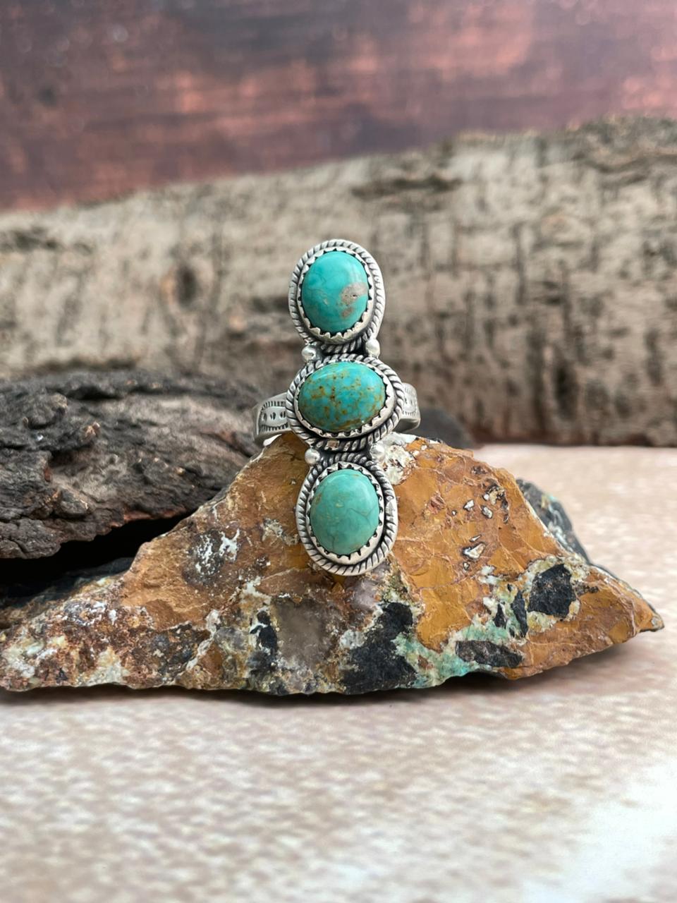 Handmade Sterling Silver Kingman Turquoise Adjustable Ring "Signed Nizhoni"
