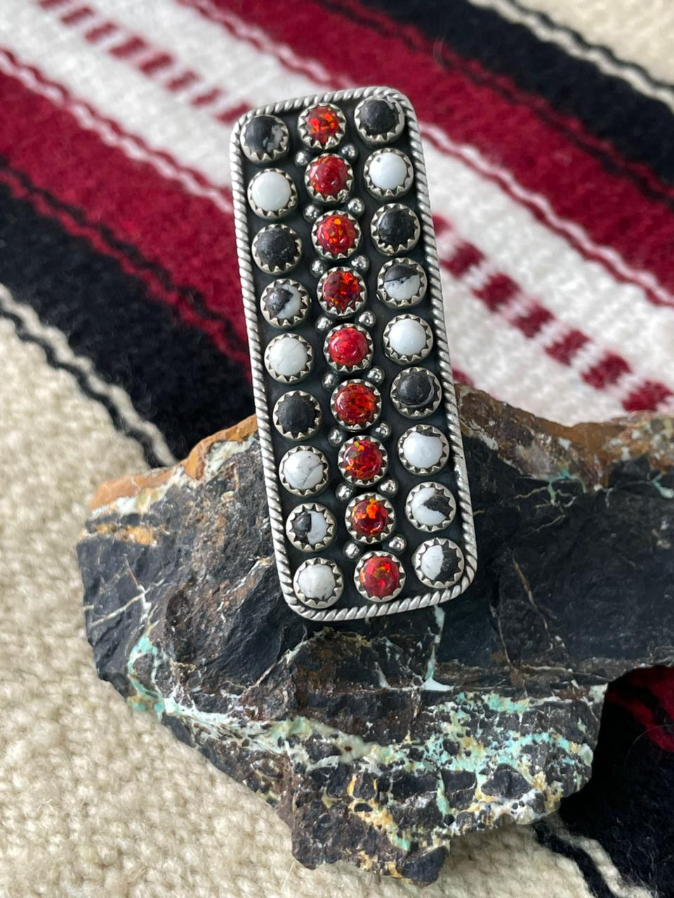 "Christmas Collection" Handmade Sterling Silver White Buffalo with Red Opal Adjustable Ring "Signed Nizhoni"