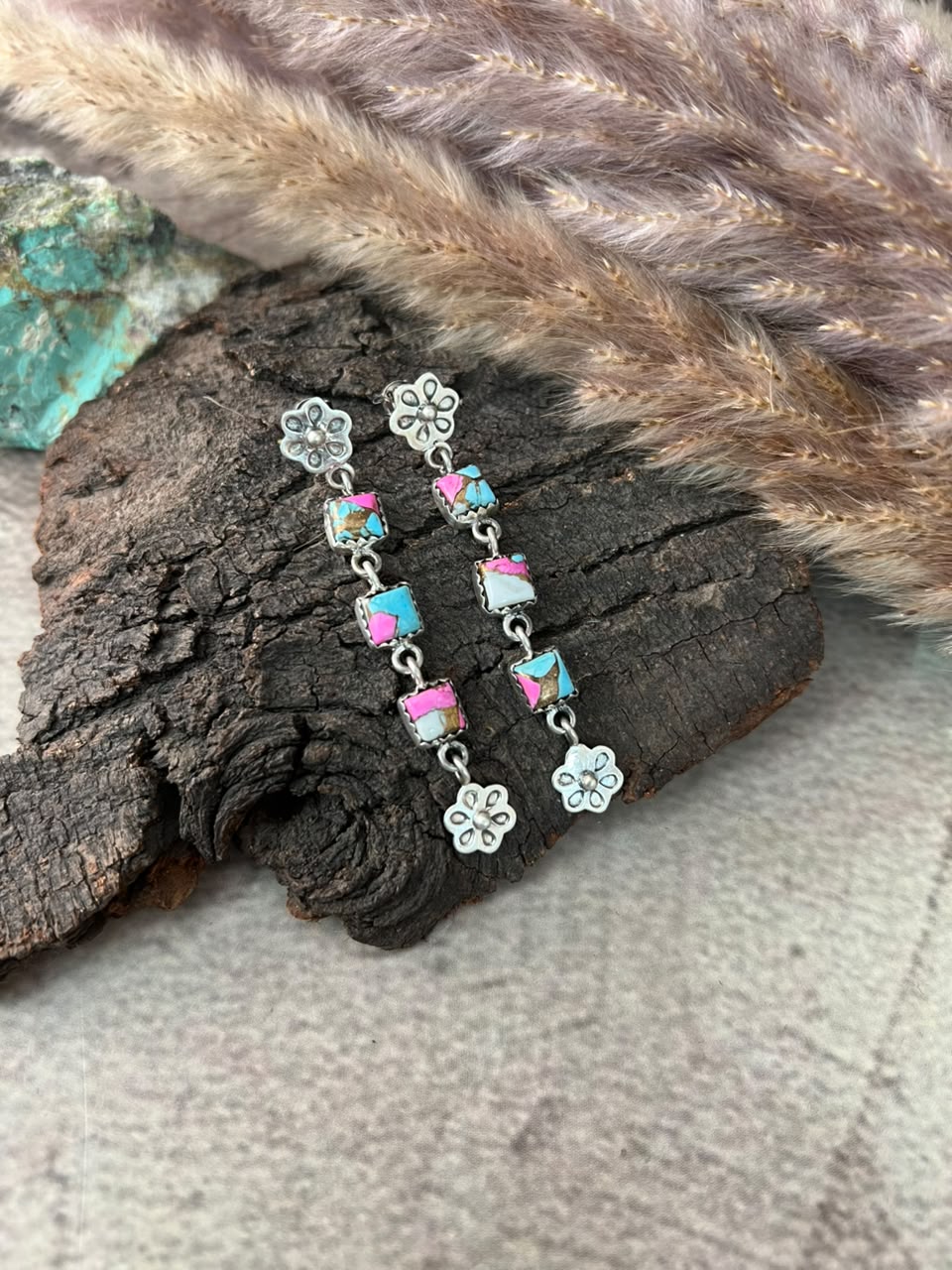 Handmade Sterling Silver Cotton Candy Post Dangle Earrings Signed Nizhoni