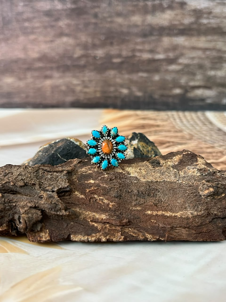 Handmade Sterling Silver Kingman Turquoise with Orange Mojave Adjustable Ring Signed Nizhoni