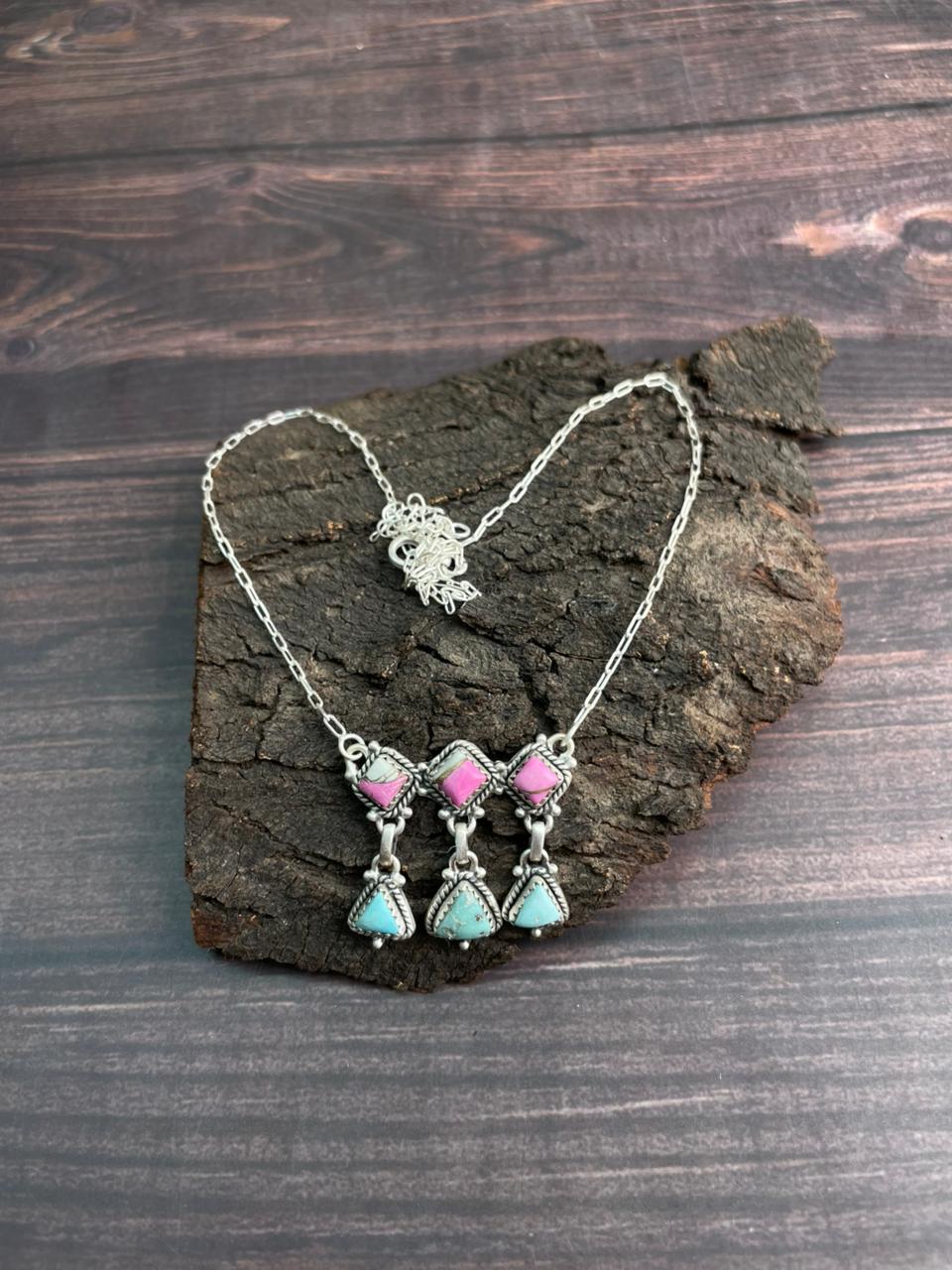 Handmade Sterling Silver Cotton Candy with White Water Turquoise Necklace "Signed Nizhoni"
