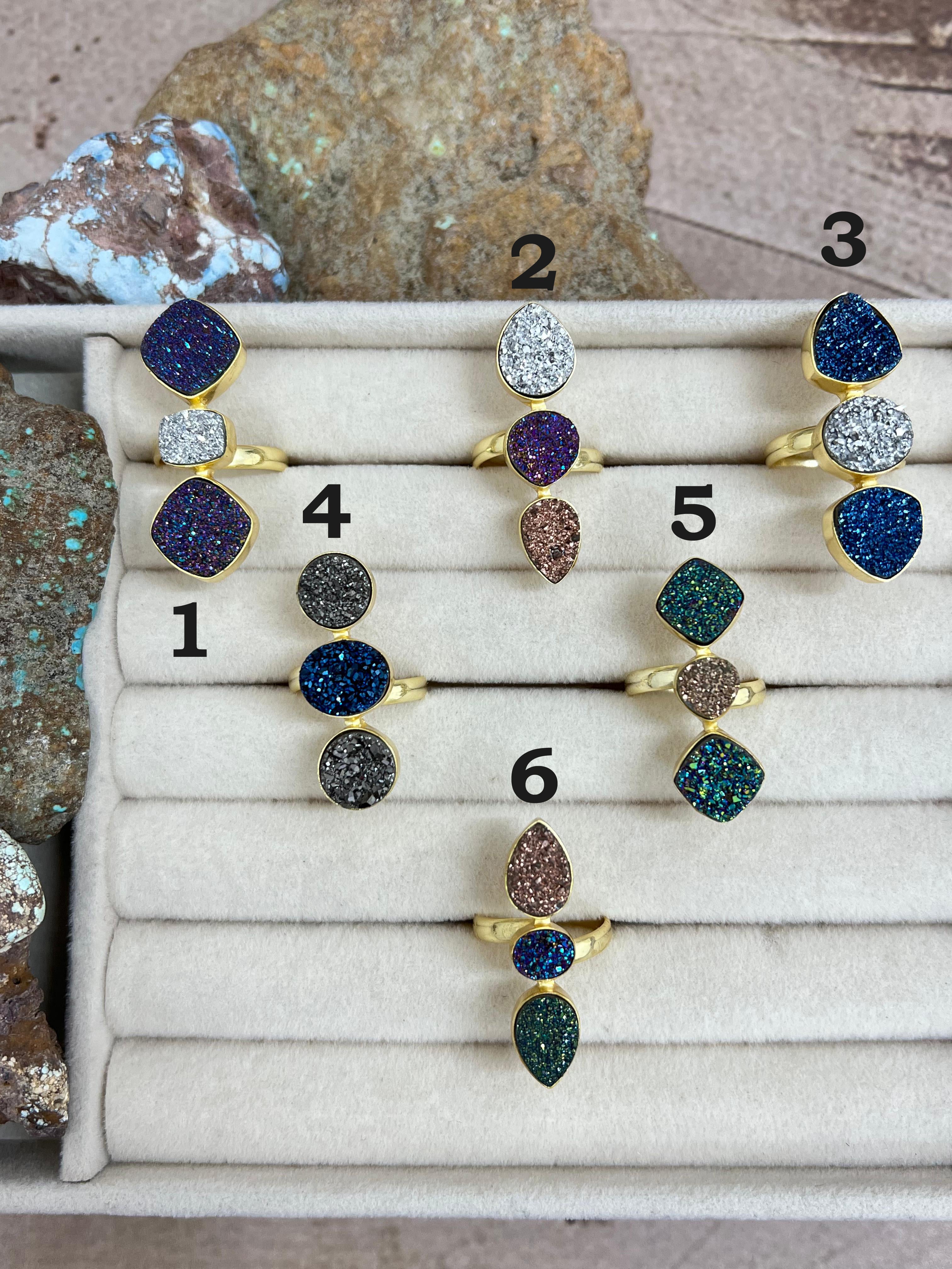 “The Boho Collection” Natural 3 Stone Druzy Adjustable Ring