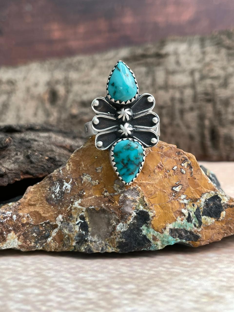 Handmade Sterling Silver Hubei Turquoise Adjustable Ring "Signed Nizhoni"