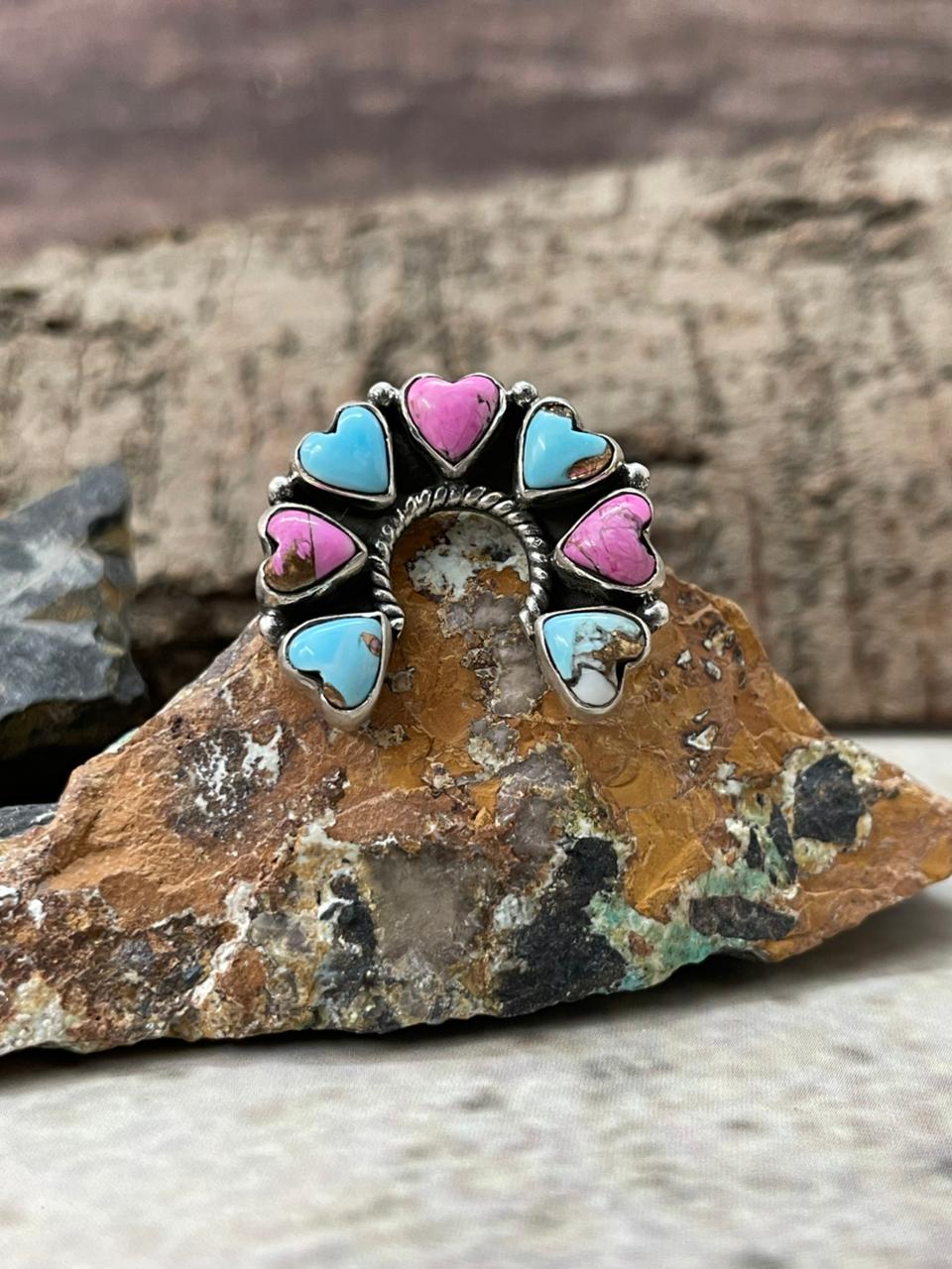 "Heart Collection" Handmade Sterling Silver Cotton Candy Adjustable Ring "Signed Nizhoni"