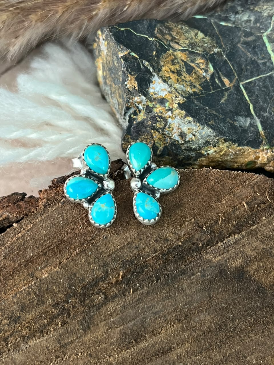 Handmade Sterling Silver Kingman Turquoise Post Studs Earrings Signed Nizhoni