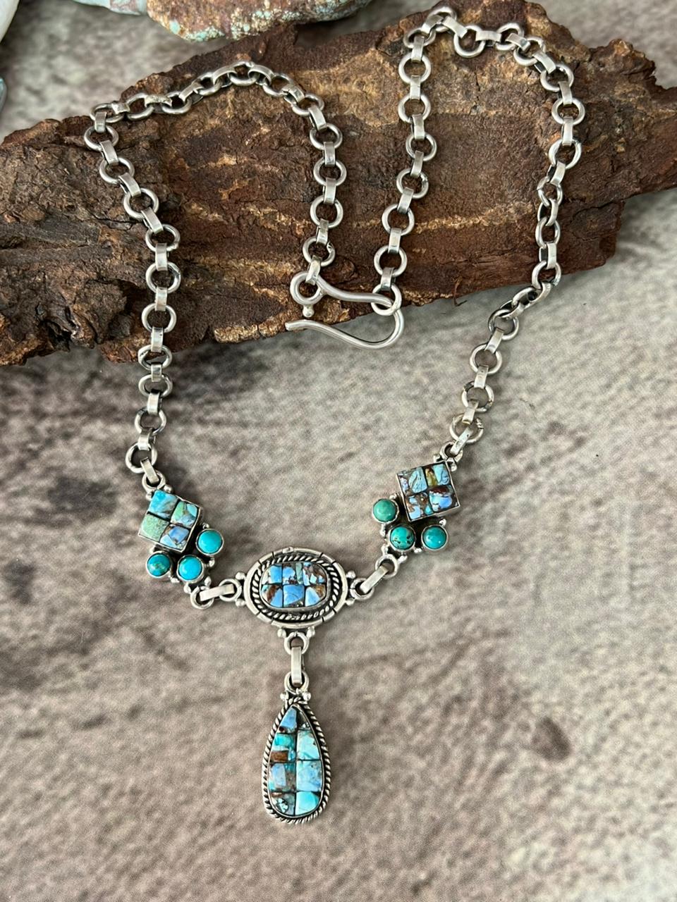 Handmade Sterling Silver 'Golden Hills Turquoise Cobble Collection' Necklace "Signed Nizhoni"