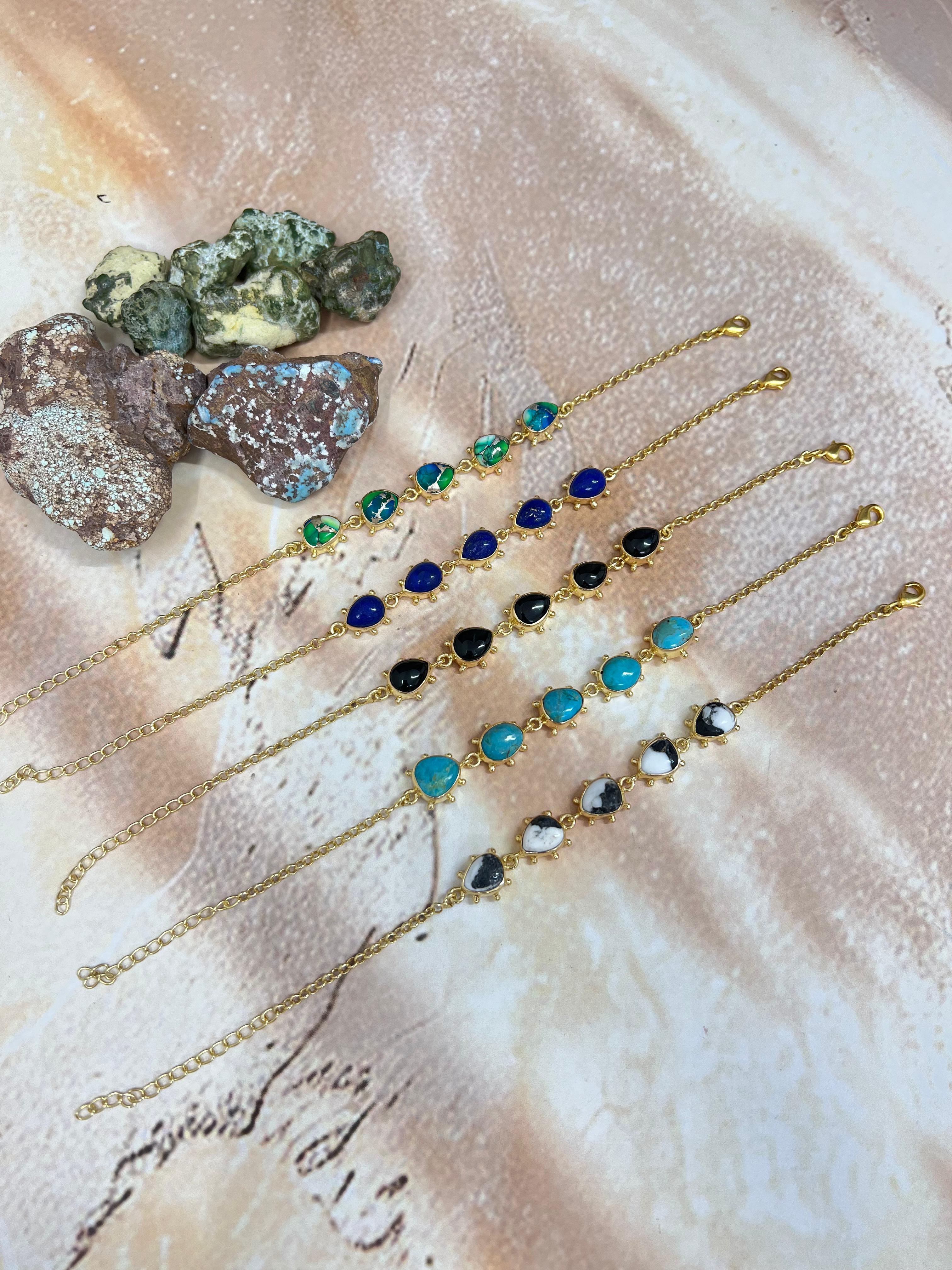 “The Golden Collection” Handmade Natural Gold Plated Peacock Dahlia, Kingman, Black Onyx, Lapis, White Buffalo Turquoise Bracelet