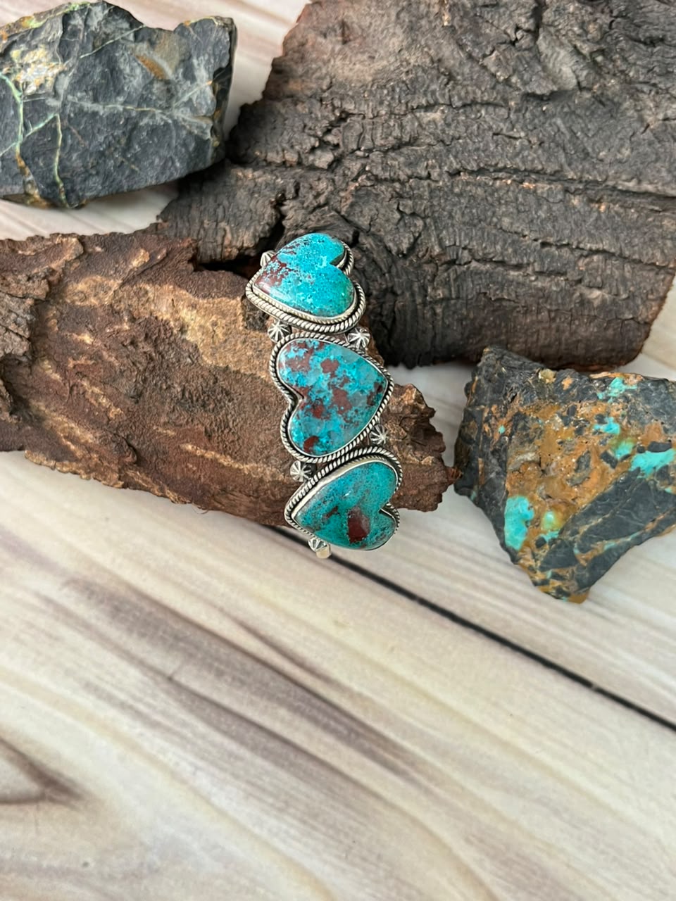 Handmade Sterling Silver Gem Silica Collection: Heart Cuff Bracelet Signed Nizhoni