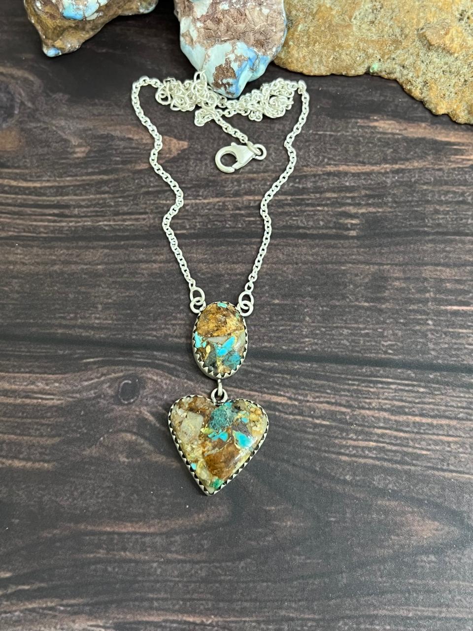 Handmade Sterling Silver Ribbon Royston Heart Necklace with Signed Nizhoni