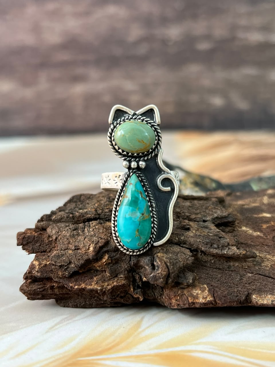 Handmade Sterling Silver Kingman Turquoise Adjustable Cat Ring Signed Nizhoni
