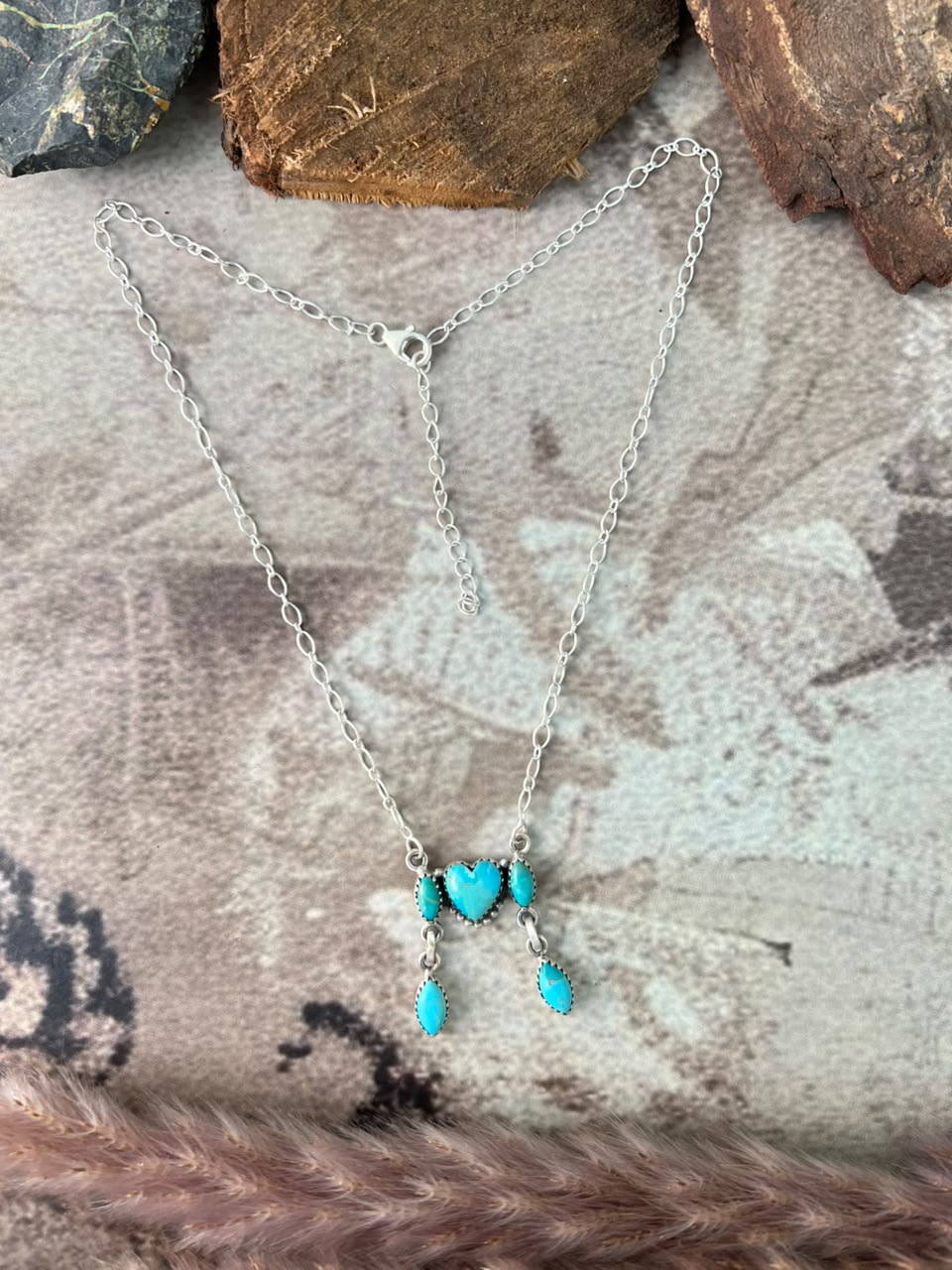 Handmade Sterling Silver Kingman Turquoise Heart Necklace Signed Nizhoni