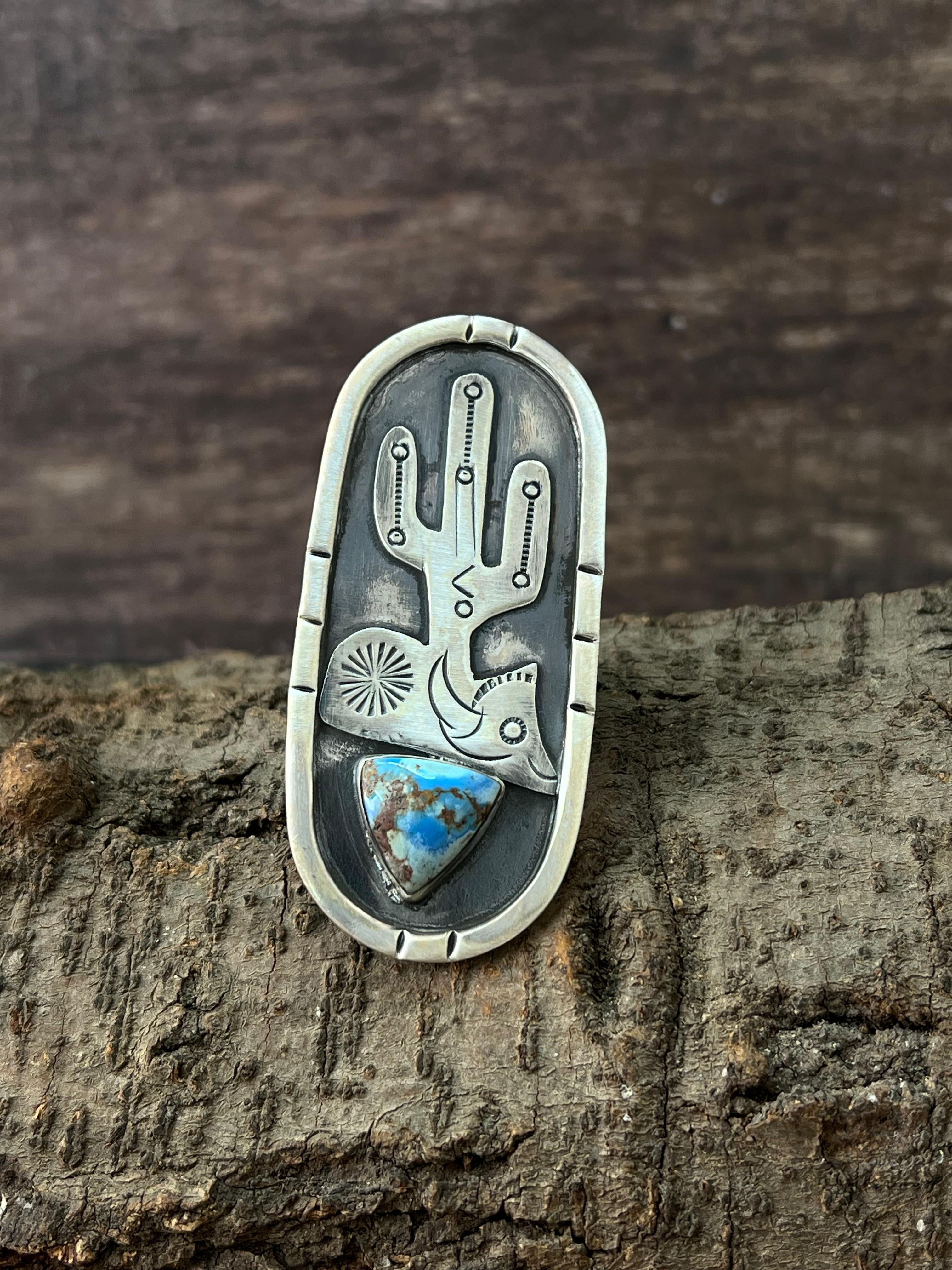 Handmade Sterling Silver with Golden Hills Turquoise Adjustable Ring with Signed Nizhoni