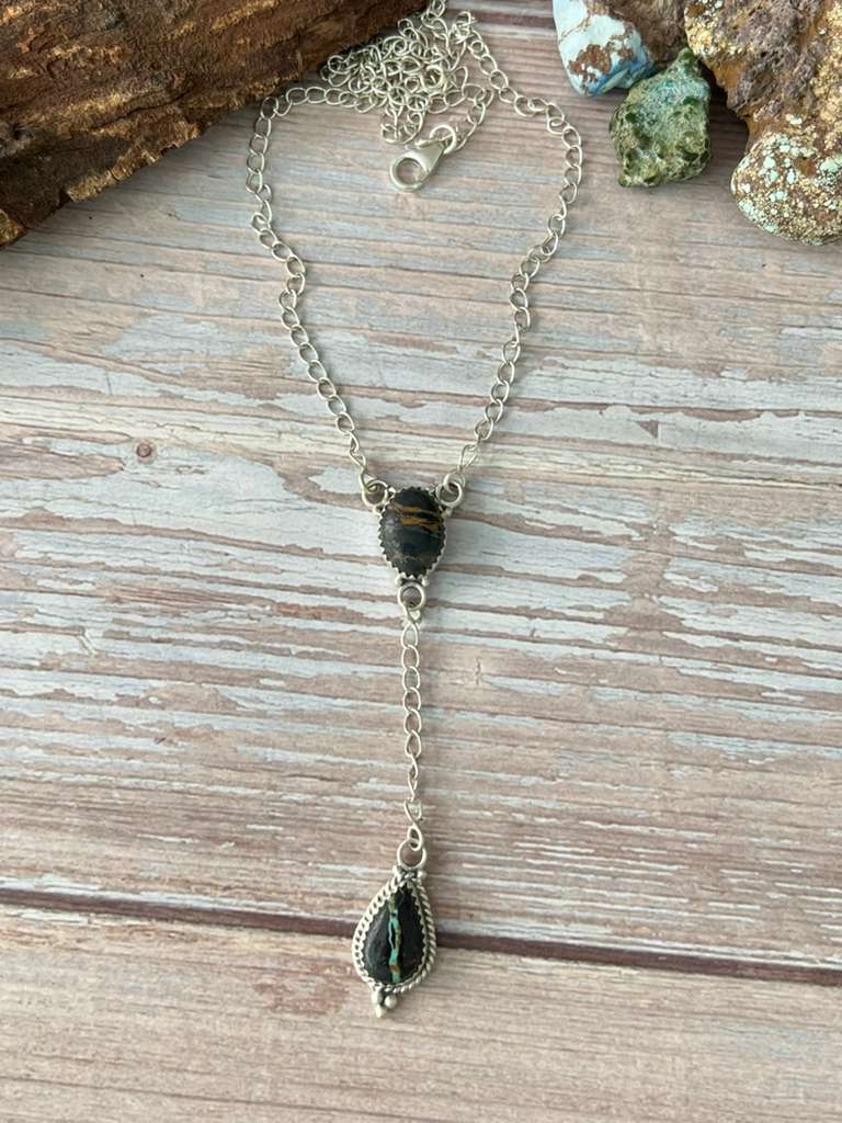 Handmade Sterling Silver Blackjack Turquoise Lariat Necklace with Signed Nizhoni