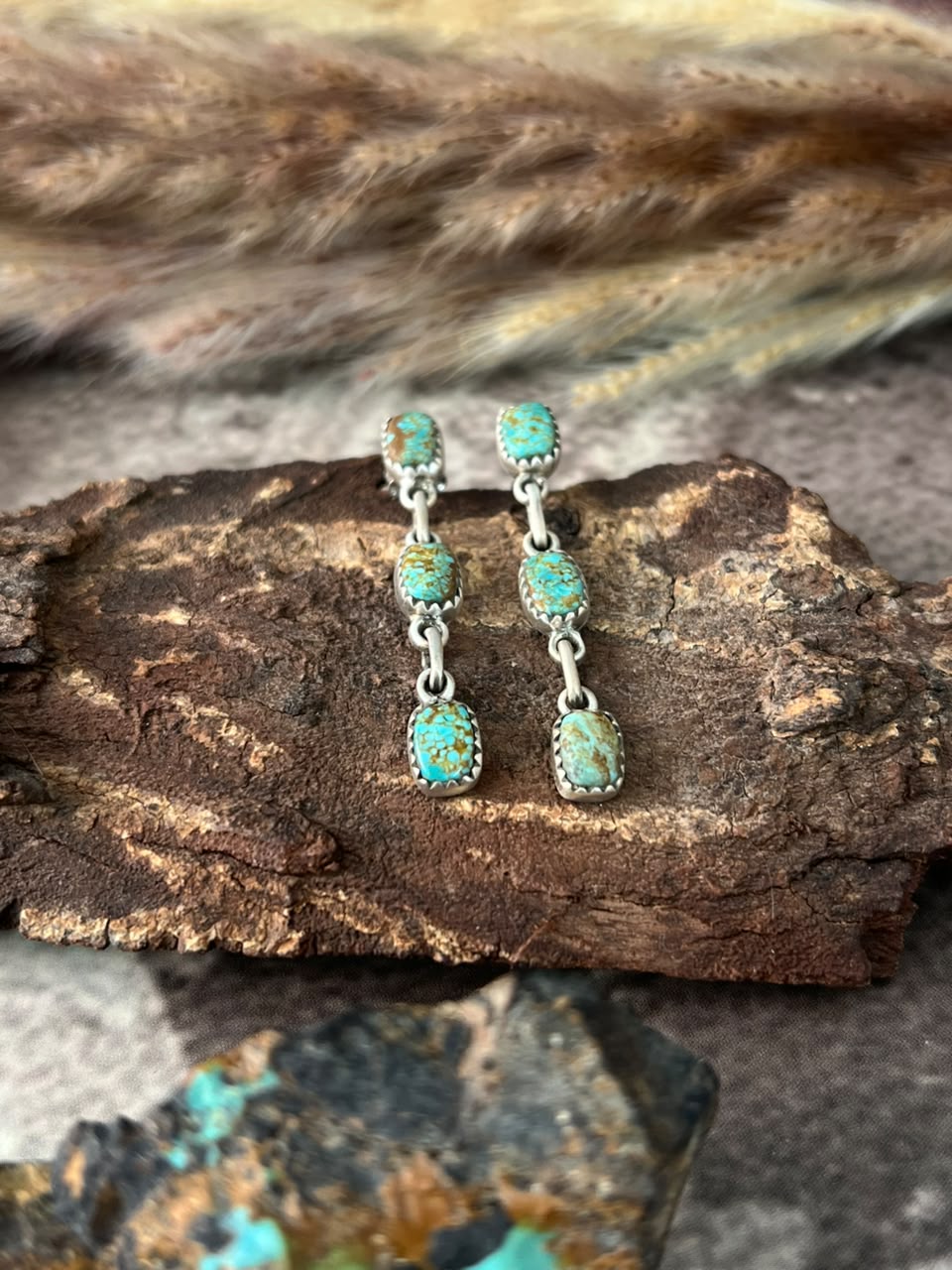 Handmade Sterling Silver Number 8 Turquoise Collection: Post Dangle Earrings Signed Nizhoni