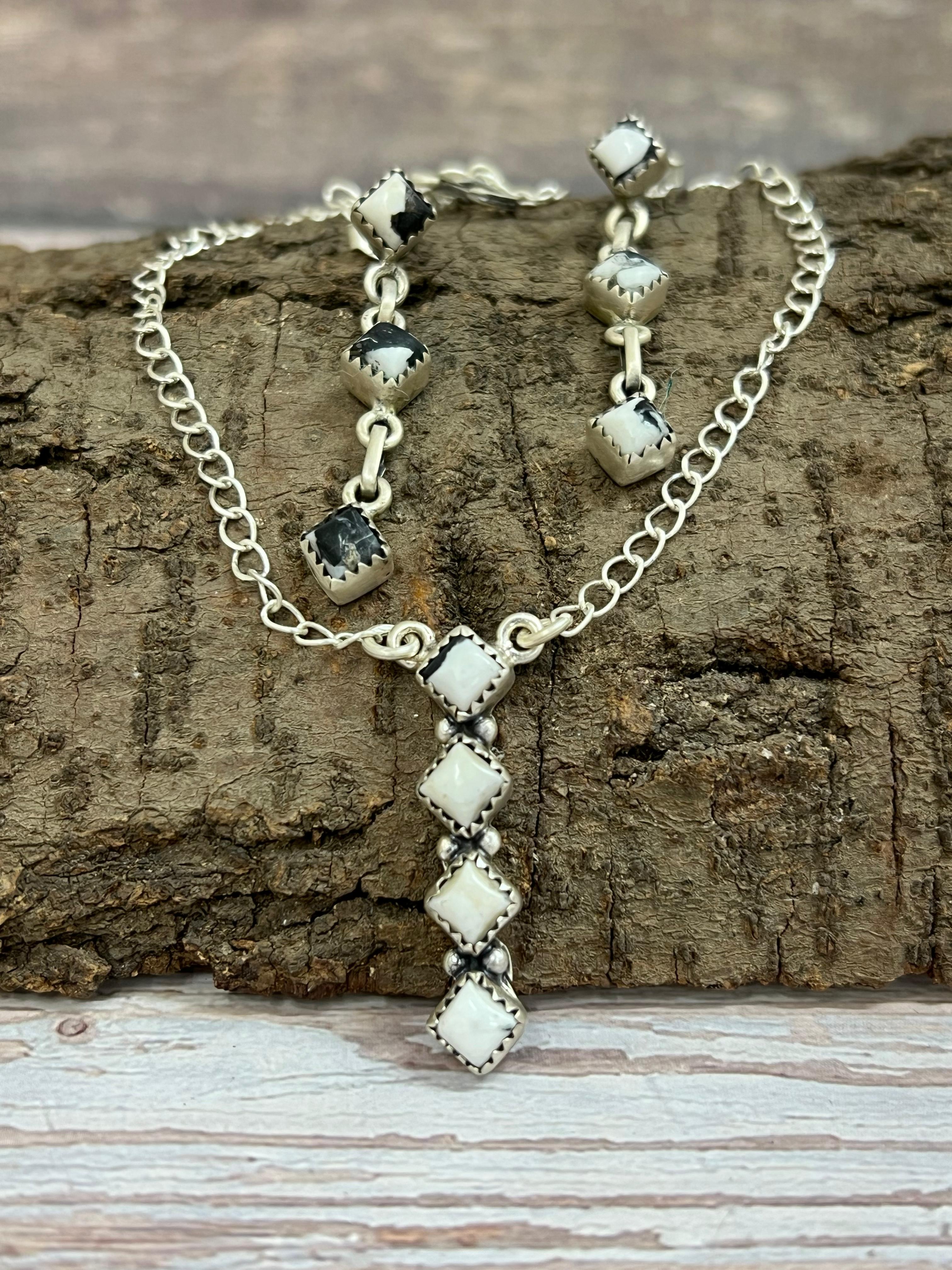 Handmade Sterling Silver White Buffalo Necklace & Earrings Set Signed Nizhoni