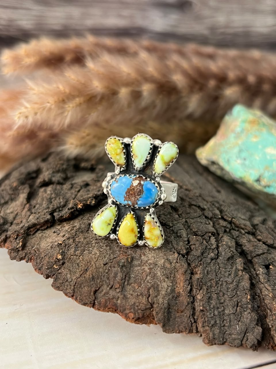 Handmade Sterling Silver Palomino with Golden Hills Turquoise Adjustable Ring Signed Nizhoni