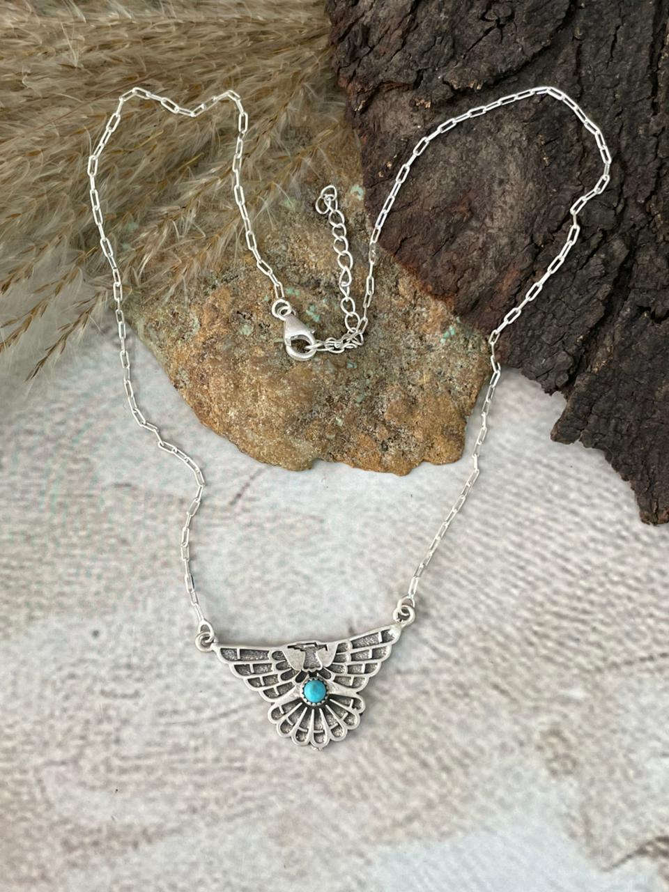 Handmade Sterling Silver Kingman Turquoise Thunder Bird Necklace "Signed Nizhoni"