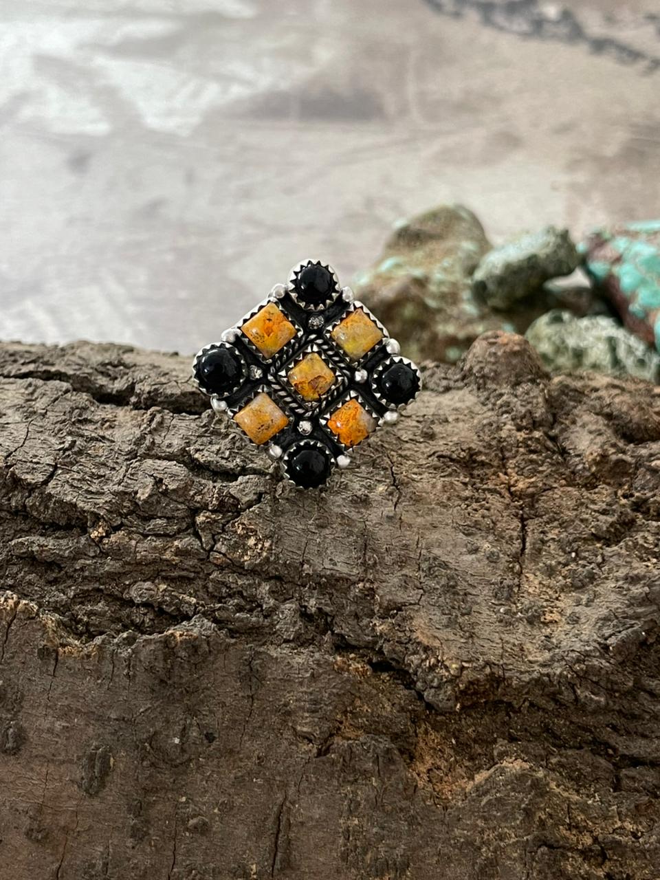 "Halloween Collection" Handmade Sterling Silver Black Onyx, Bumblebee Ring with Signed Nizhoni