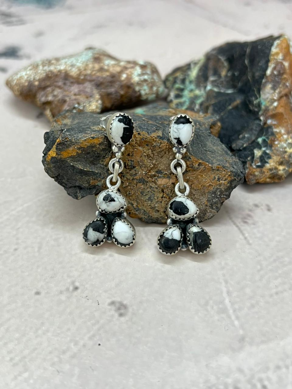 Handmade Sterling Silver White Buffalo Post Dangle Earrings "Signed Nizhoni"