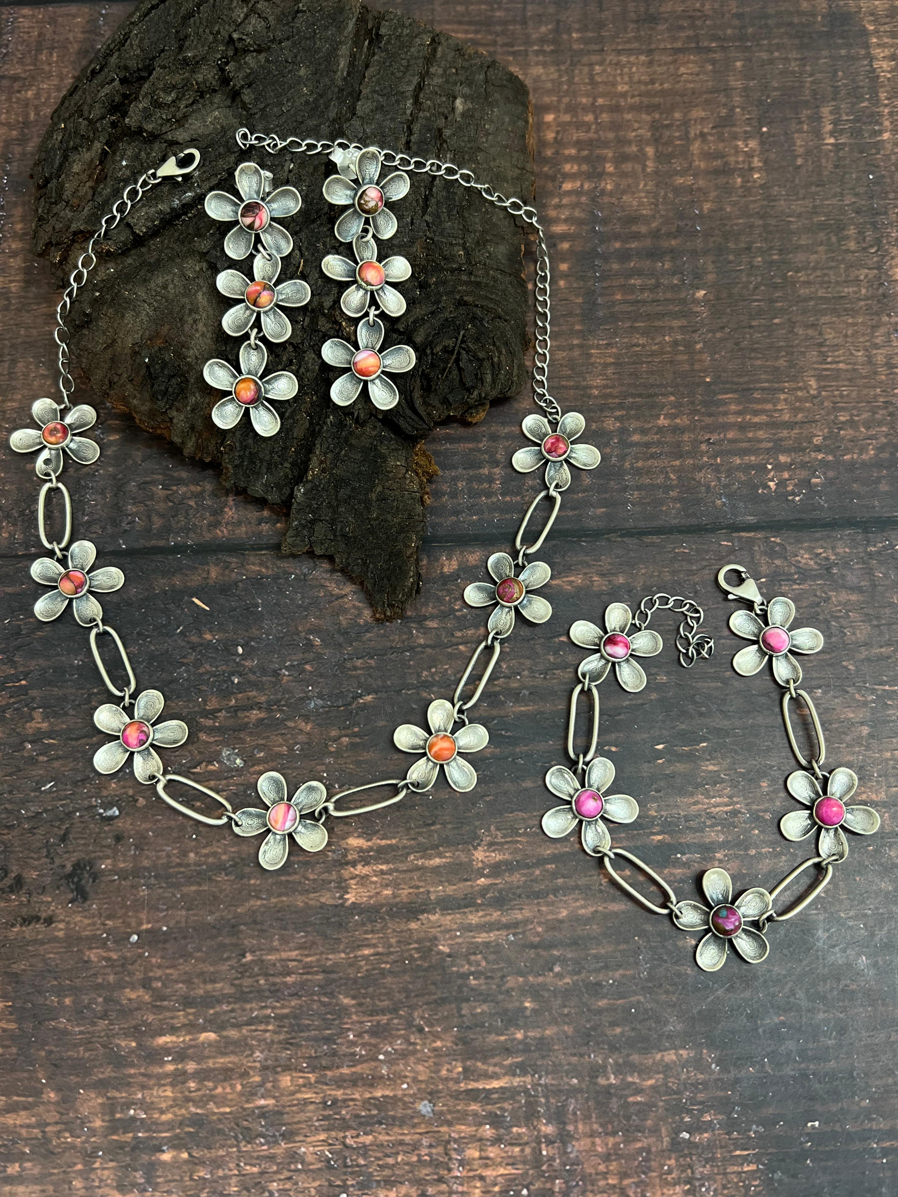 Handmade Sterling Silver Pink Dream Mojave Daisy Necklace Earrings & Bracelet Set with Signed Nizhoni