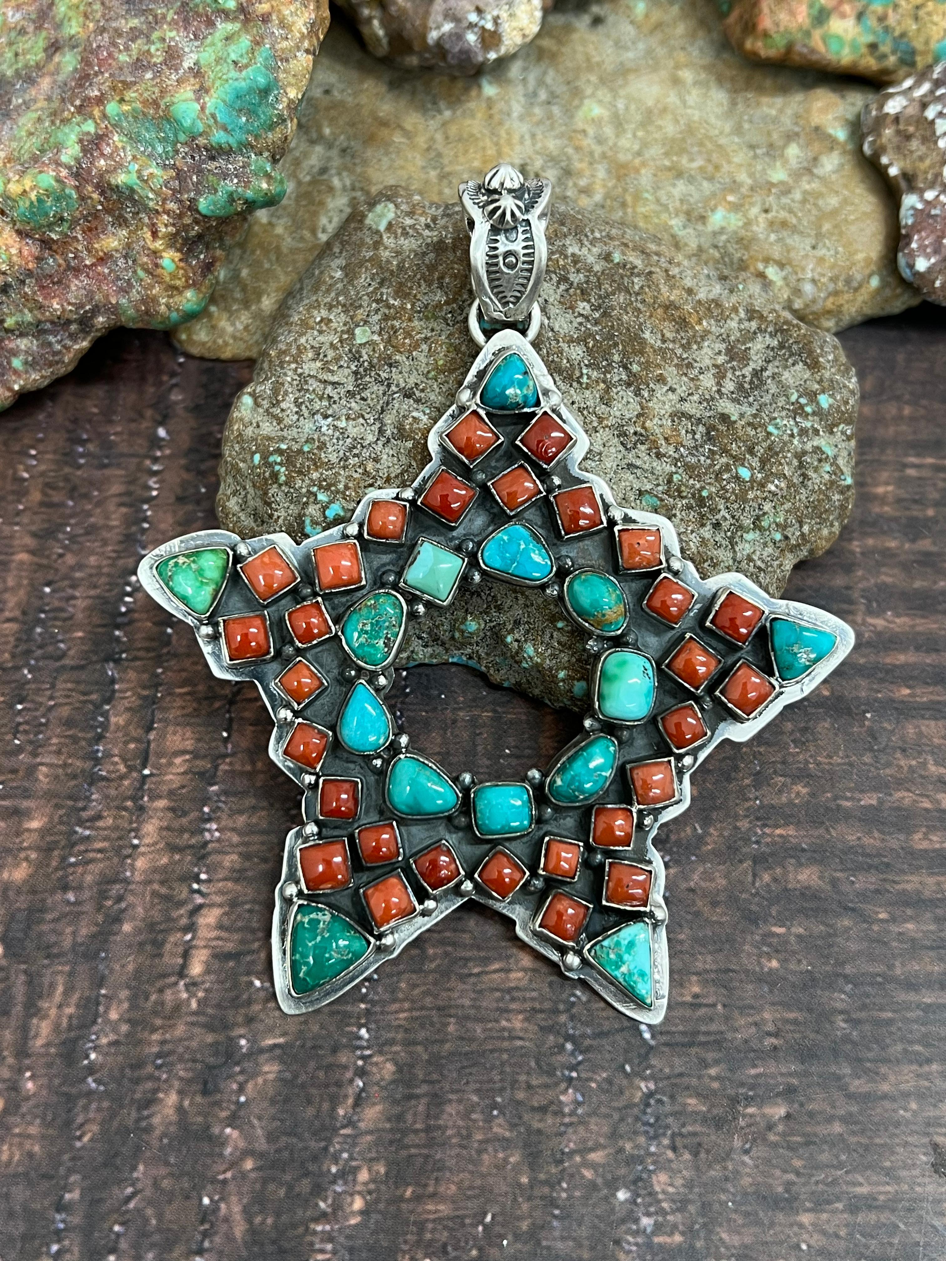 Handmade Sterling Silver Coral with Emerald Valley Star Pendant, Signed Nizhoni
