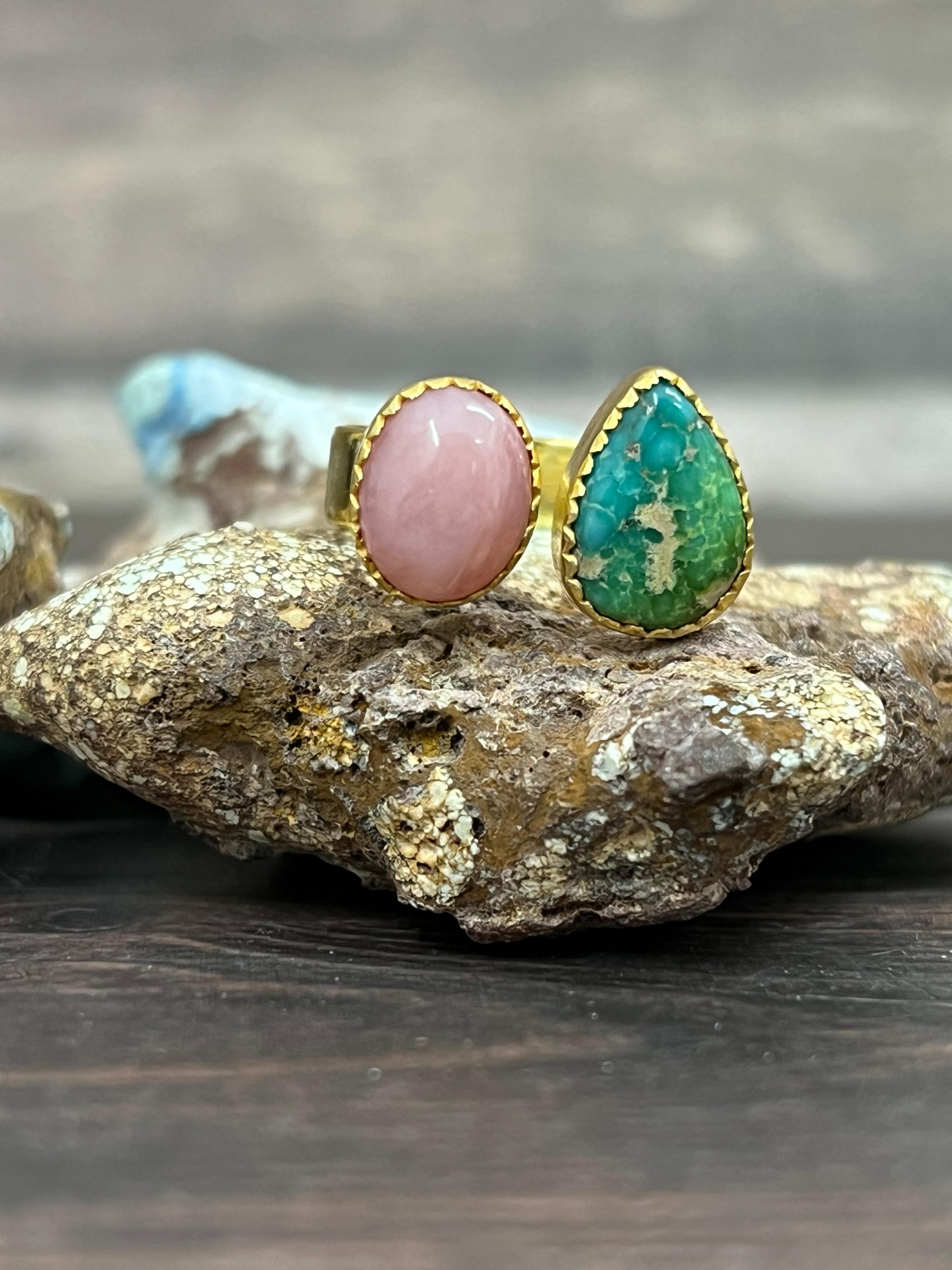 “The Golden Collection” Natural Sonoran Turquoise & Pink Opal Adjustable Ring