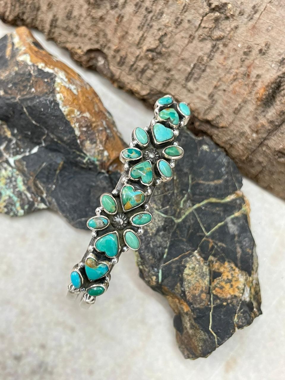 "Heart Collection" Handmade Sterling Silver Kingman Turquoise Bracelet "Signed Nizhoni"