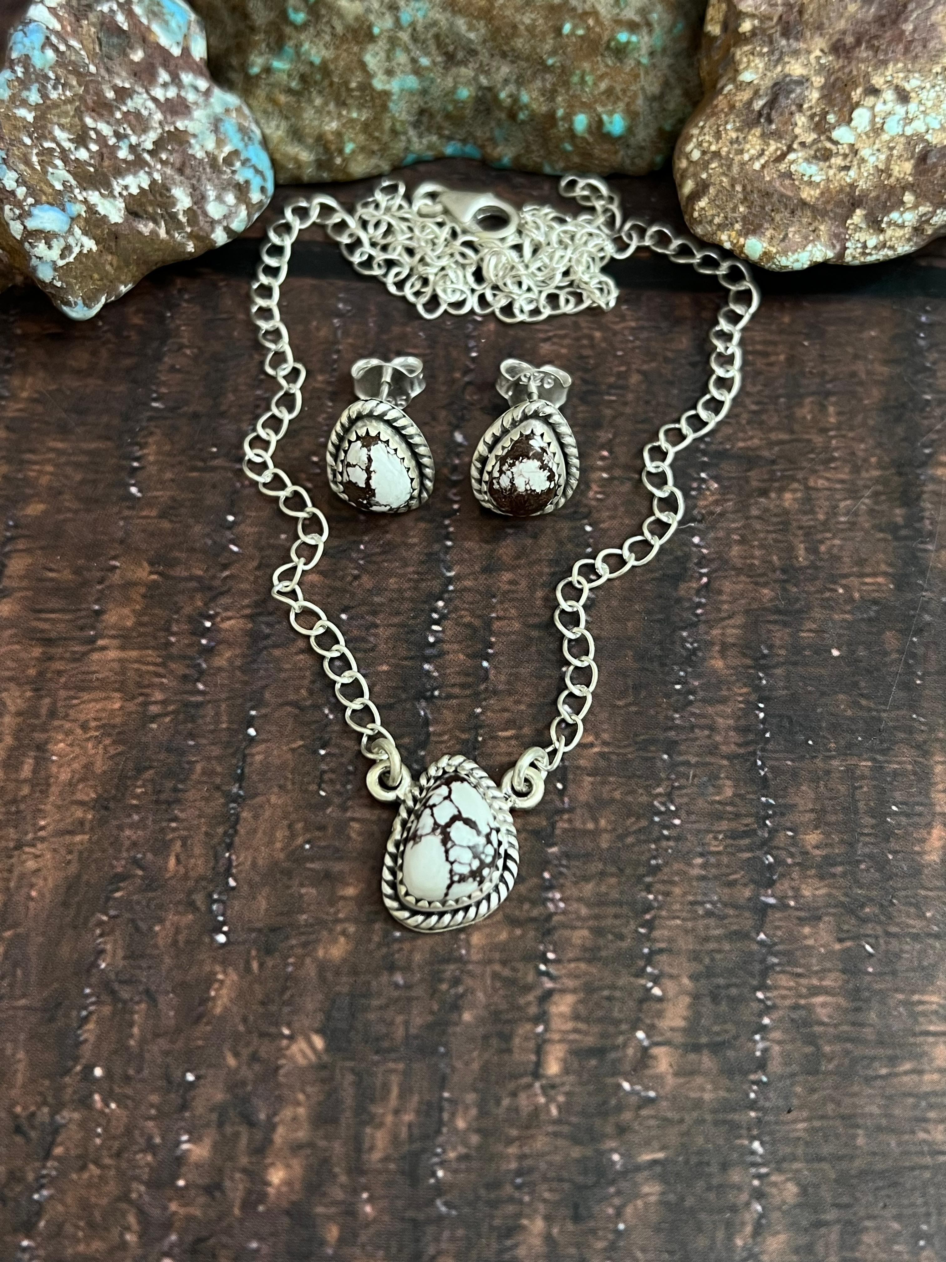 Handmade Sterling Silver Wild Horse Necklace Earrings Set with Signed Nizhoni