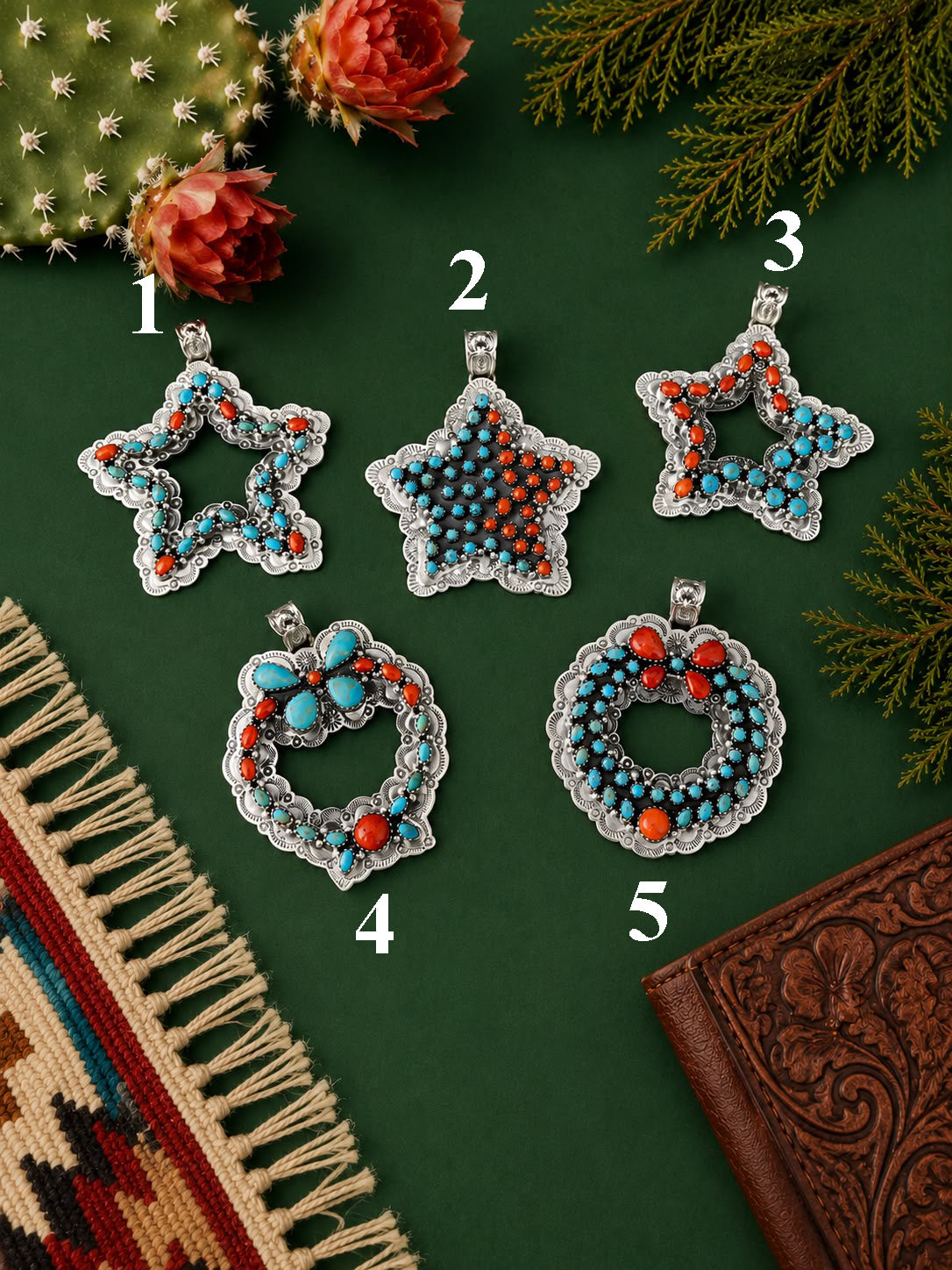 Handmade Sterling Silver Kingman Turquoise with Coral Christmas Ornaments Collection: Pendant Signed Nizhoni