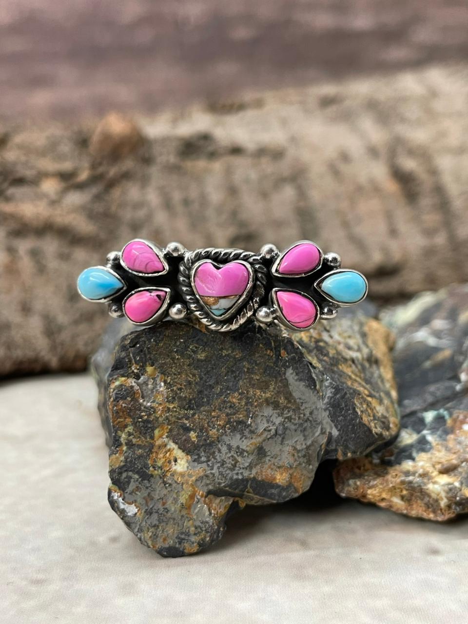 "Heart Collection" Handmade Sterling Silver Cotton Candy Adjustable Ring "Signed Nizhoni"