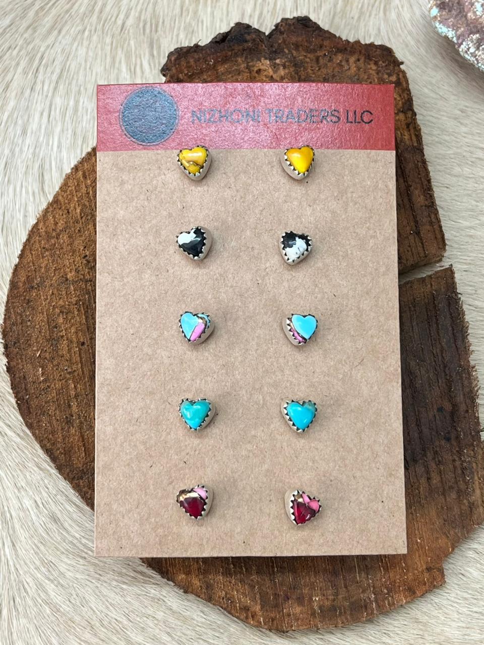 Handmade Sterling Silver Multi Stone Heart Shape Studs Earrings Set