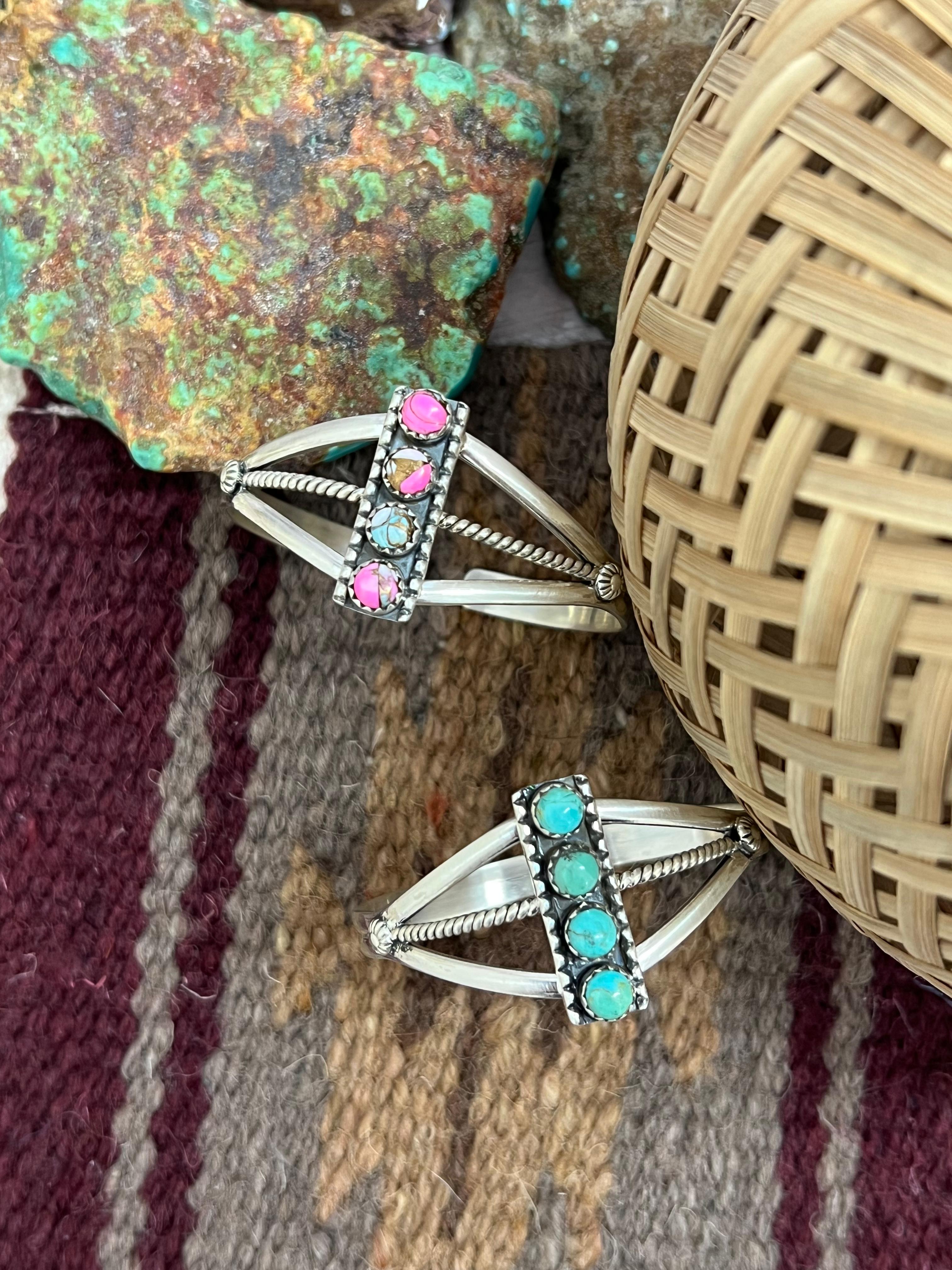 Handmade Sterling Silver Cotton Candy, Kingman Turquoise Cuff Bracelet with Signed Nizhoni